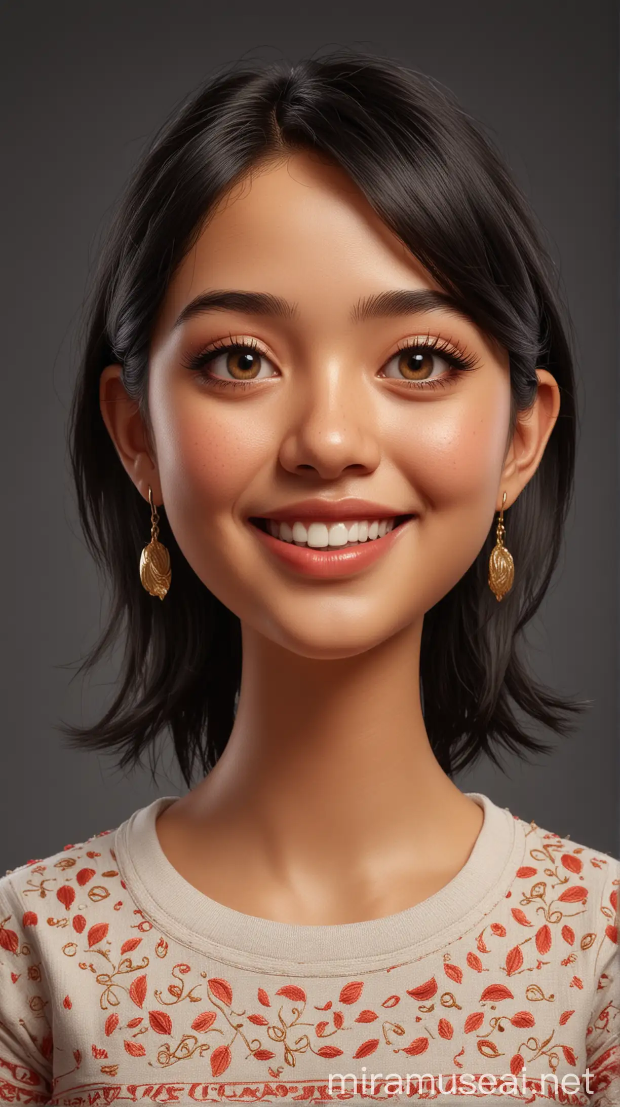 Create hyperrealistic 3D caricatures with full bodies and big heads. 25 year old woman, Indonesian citizen, tall, slim, small feet. Short wavy black hair, oval face, simple gold earrings, sparkling eyes, normal nose, sweet smile, straight teeth. Wearing a tight red t-shirt with white embroidery. Stand in namaste pose. Look straight ahead. Solid peach fruit background. Use soft photography lighting, hair lights, top lights, side lights. color depth, dramatic, 2/3 face angle, high resolution image, HD, 20k.