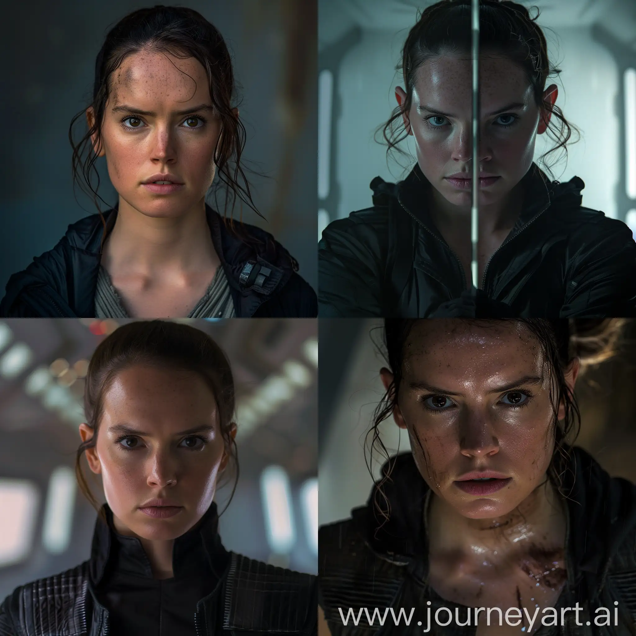 actress Daisy Ridley With Rey Skywalker's face, With Black jacket in iconic scenes from the films Mission Impossible, in 8k resolution