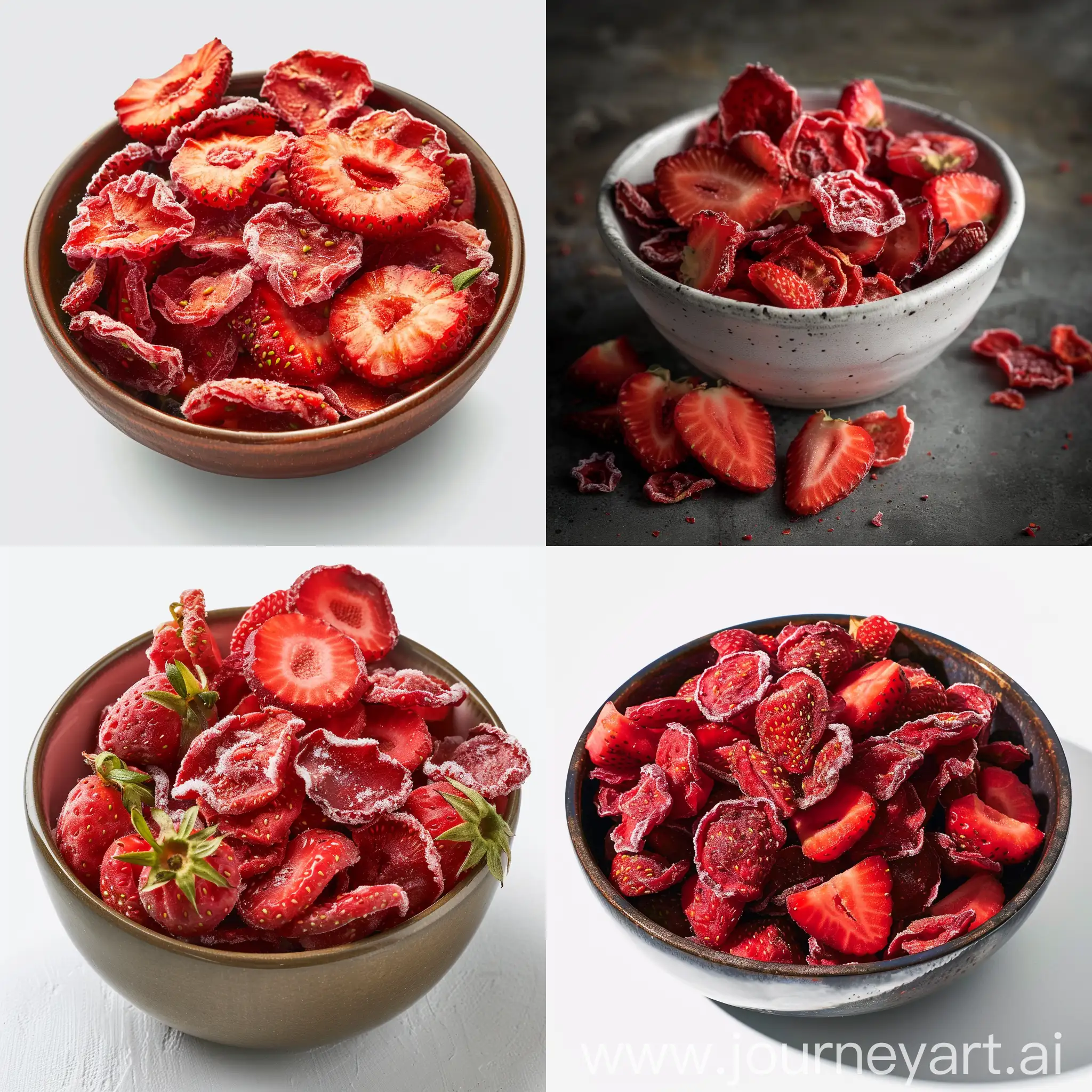 freeze dried strawberries in a bowl. realistic. professional photography lighting
