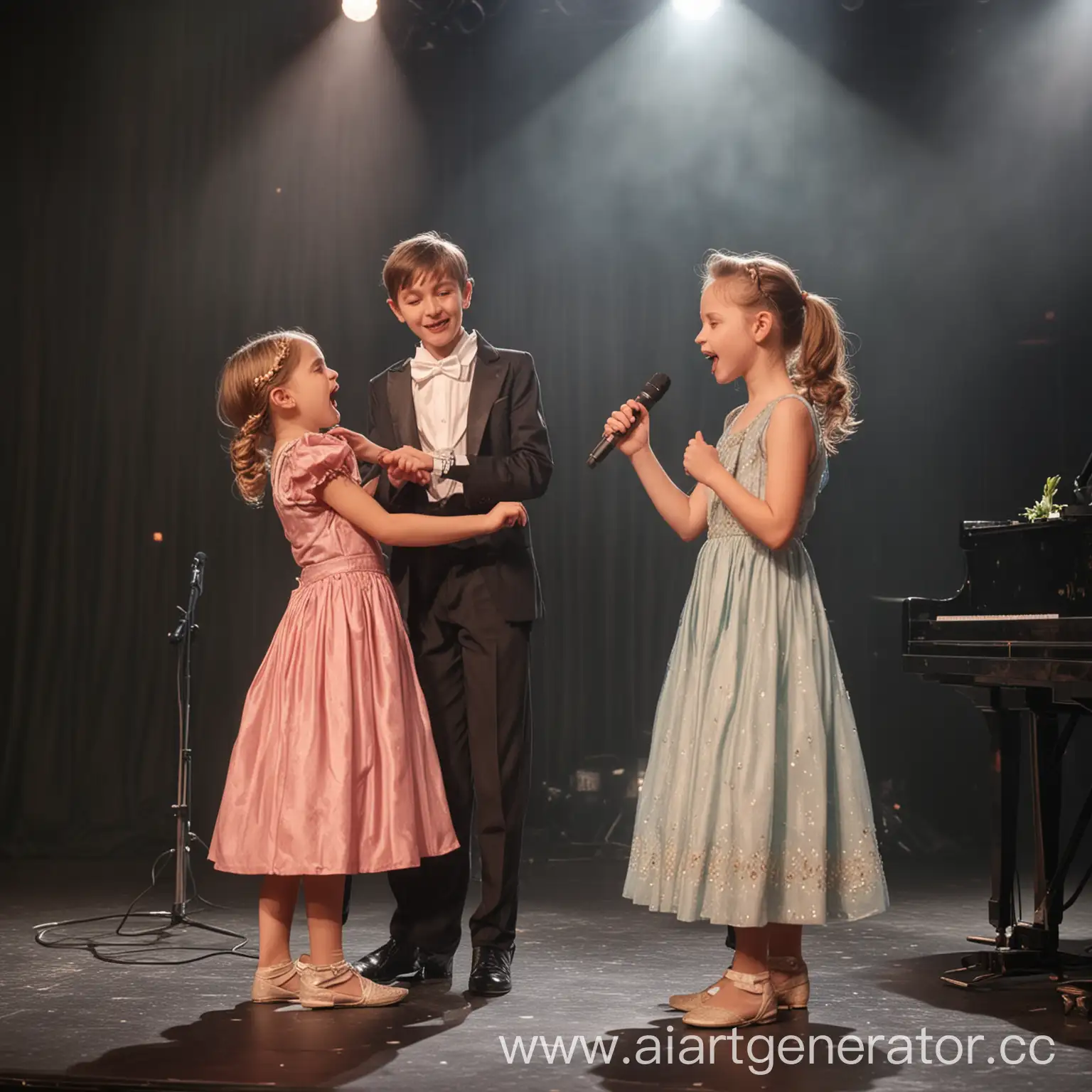 Мальчик и девочка выступают на сцене, мальчик в красивом костюме танцует, а девочка поют в микрофон, вторая девочка играет на фортепиано