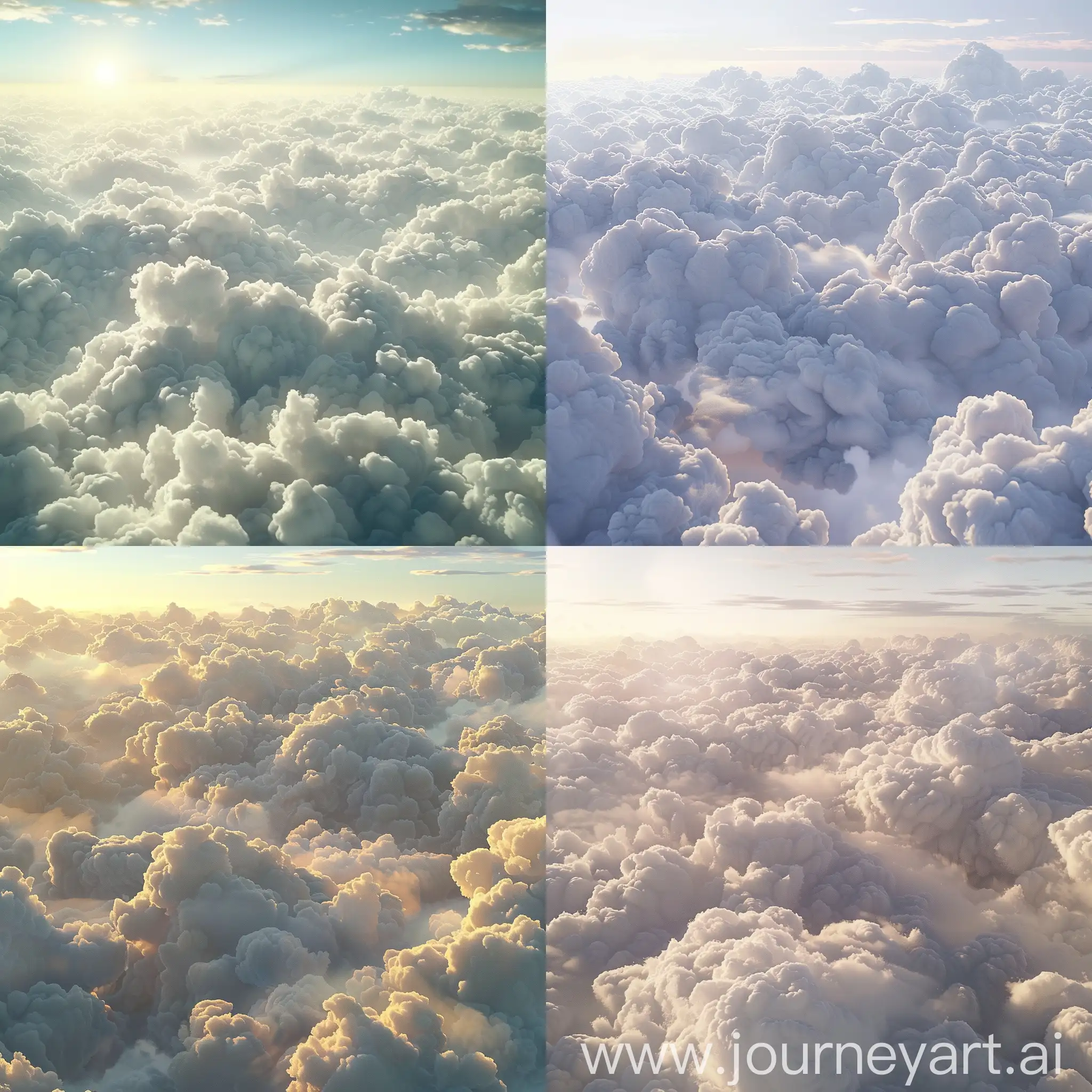 Photorealistic. 4K. A breathtaking aerial view of a vast expanse of dense, turbulent white clouds with complex structures in the form of patterns and mini-vortices. Dark brown clouds are visible in the gaps under the clouds. All this is covered with a creamy haze. The clear pale blue sky overhead stretches endlessly towards the horizon. Sunlight resembles early twilight.