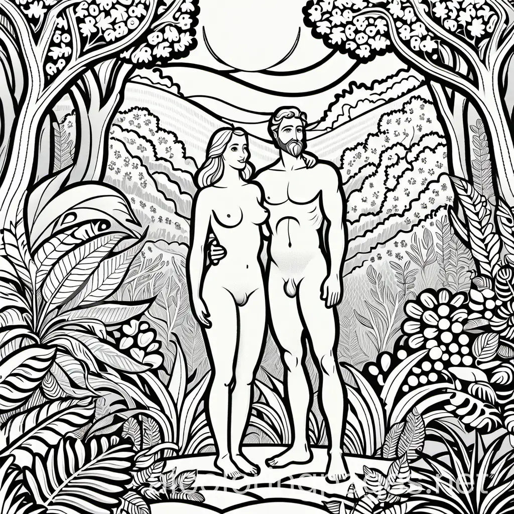 A line drawing for a coloring page showing Adam and Eve in the Garden of Eden standing together. Surround them with a lush landscape filled with plants and trees. Use clear, bold lines suitable for coloring., Coloring Page, black and white, line art, white background, Simplicity, Ample White Space. The background of the coloring page is plain white to make it easy for young children to color within the lines. The outlines of all the subjects are easy to distinguish, making it simple for kids to color without too much difficulty