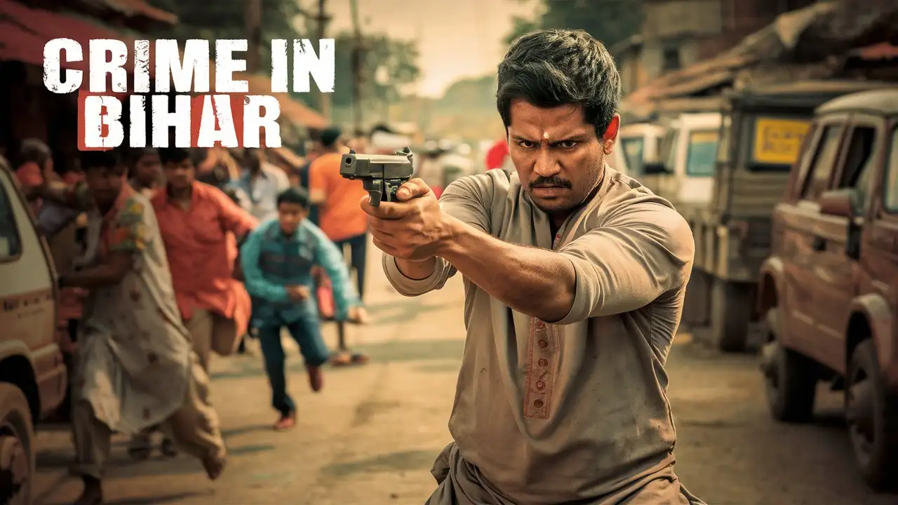 a indian man firing with a gun in hand, and should have a title: crime in bihar