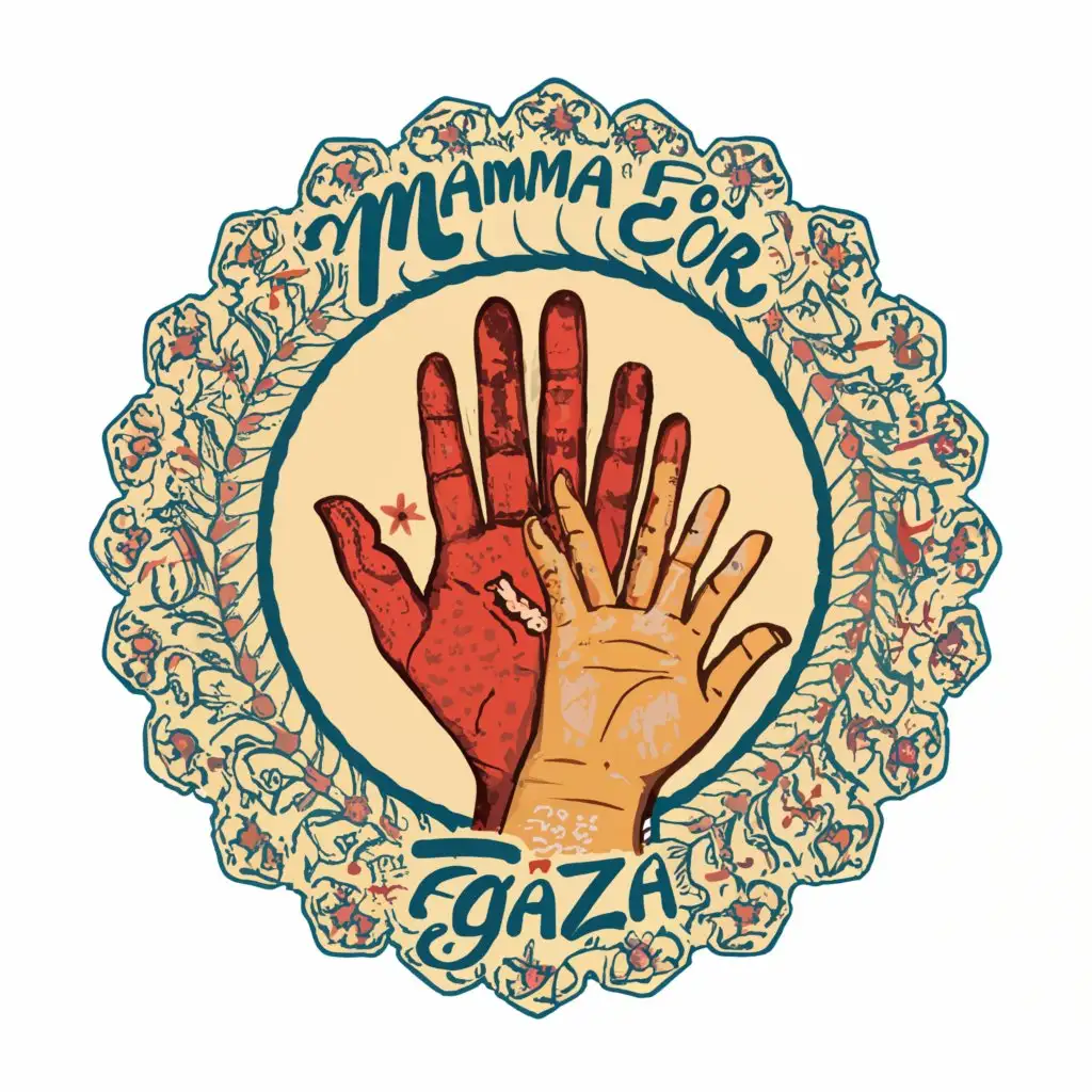 a logo design,with the text "Mama's for Gaza", main symbol:A woman's hand reaching out to a Childs hand,complex,clear background
