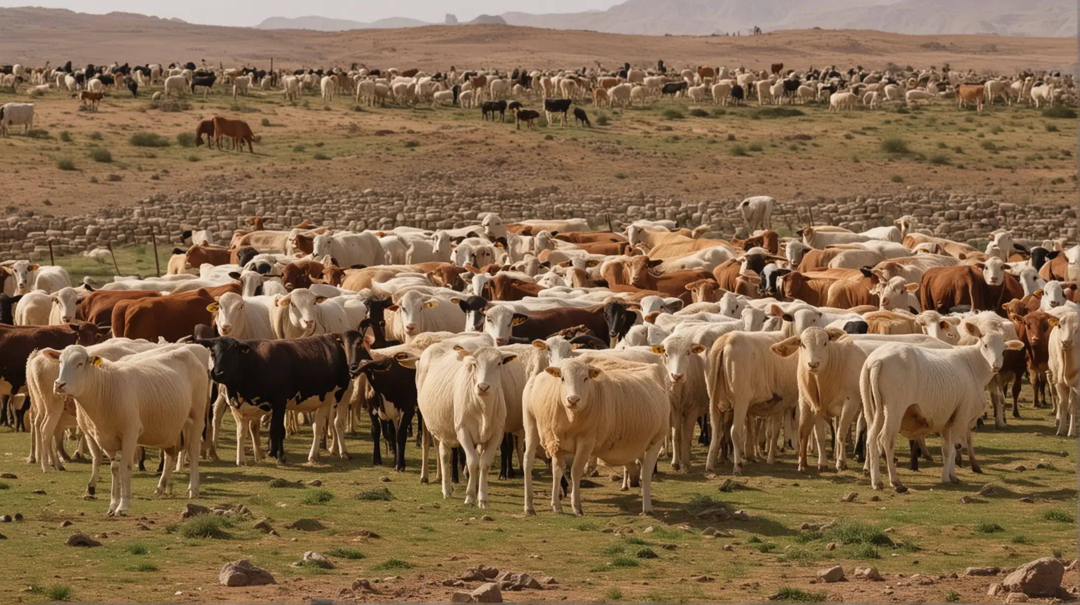 A close up of a lot of several  cows & sheep in a Middle East setting