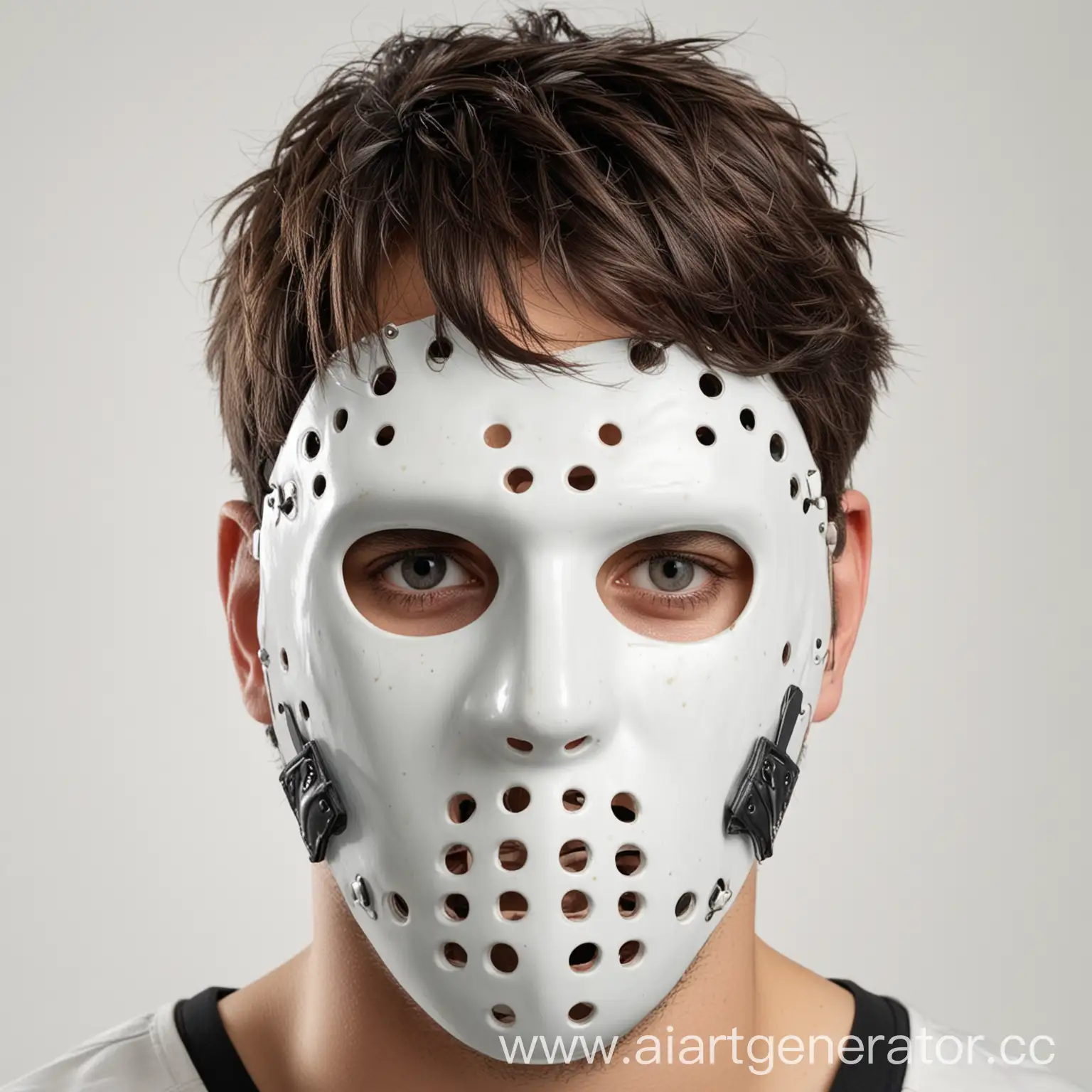 хоккейная маска на человеке, белый фон, реалистичное фото