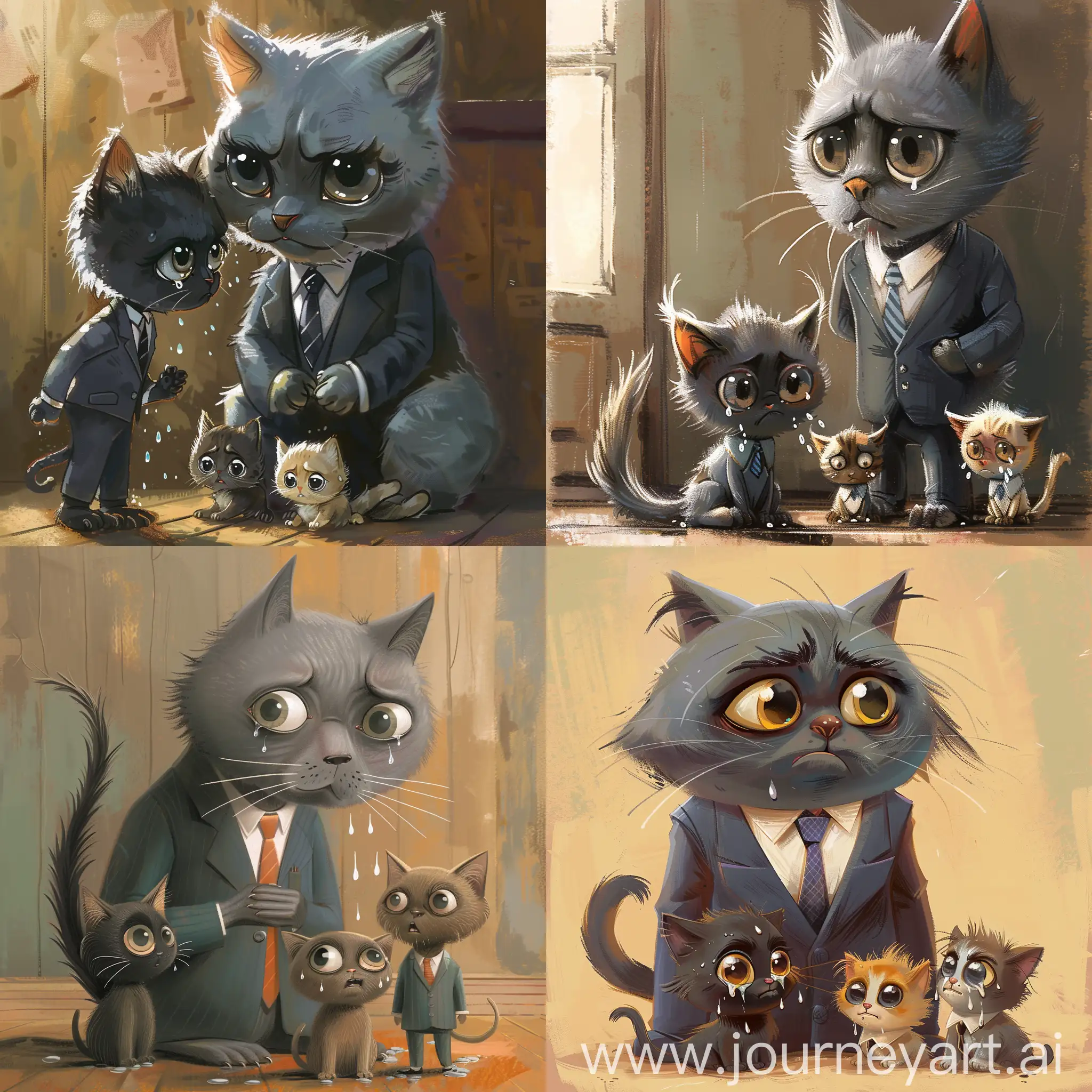 a large gray cat in a business suit and tie scolds three little kittens. Kittens have big eyes and tears flow from them.
one kitten is black, the second kitten is brown, and the third kitten is blond. setting, location: school