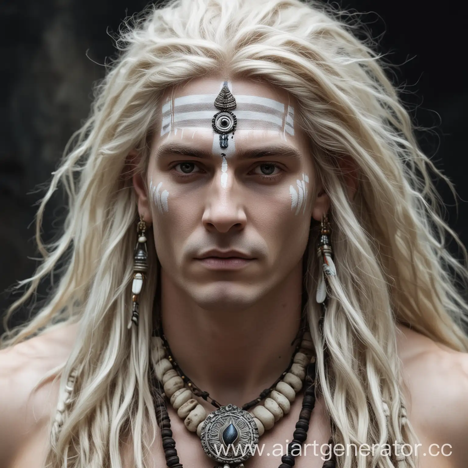 A white man, with white long hair, resembling an ancient Indian deity such as Shiva