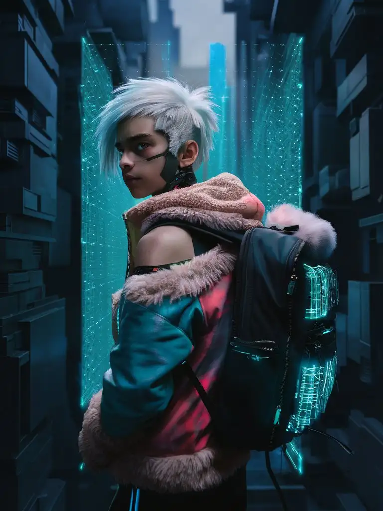 teen femboy hacker, white hair, outfit with bioluminescent details, off-left-shoulder jacket over fluffy fleece top, backpack, dystopian cyberpunk, dark shadows, fluffy fur-trim, holograph, matrix