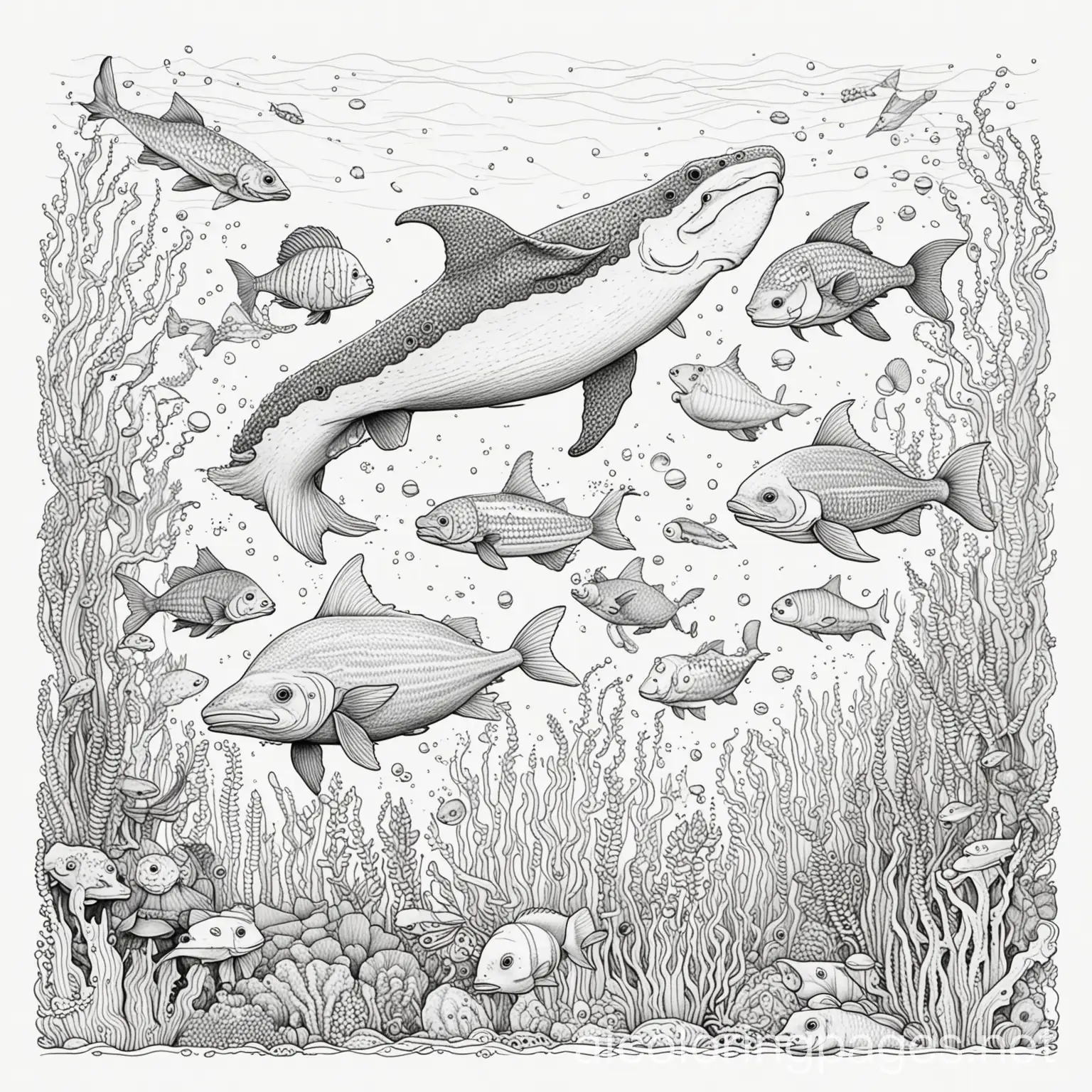 sea animals, Coloring Page, black and white, line art, white background, Simplicity, Ample White Space