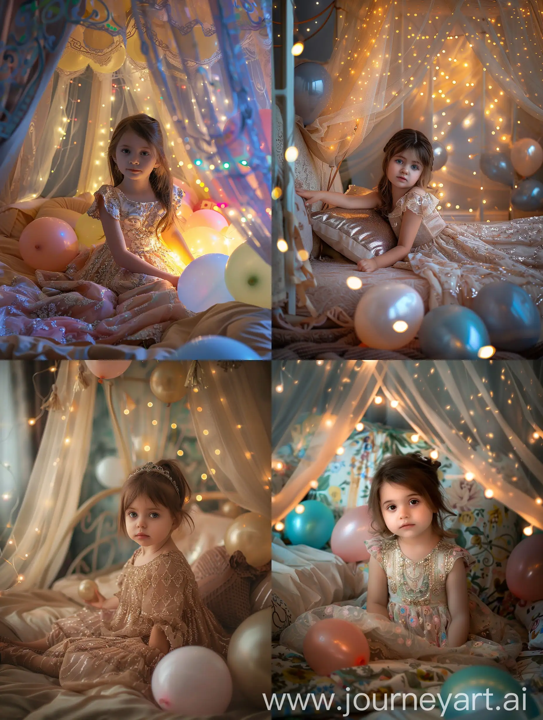 Charming-Little-Girl-in-Glowing-Canopy-Bed-with-Balloons