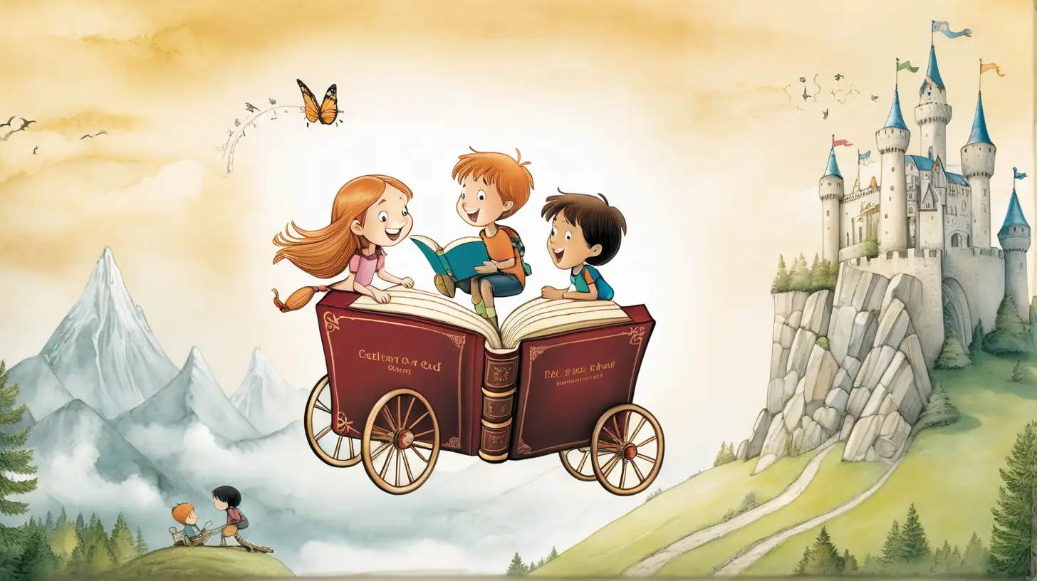 Two children riding a fairytale book on an adventure with room for words on the graphic 