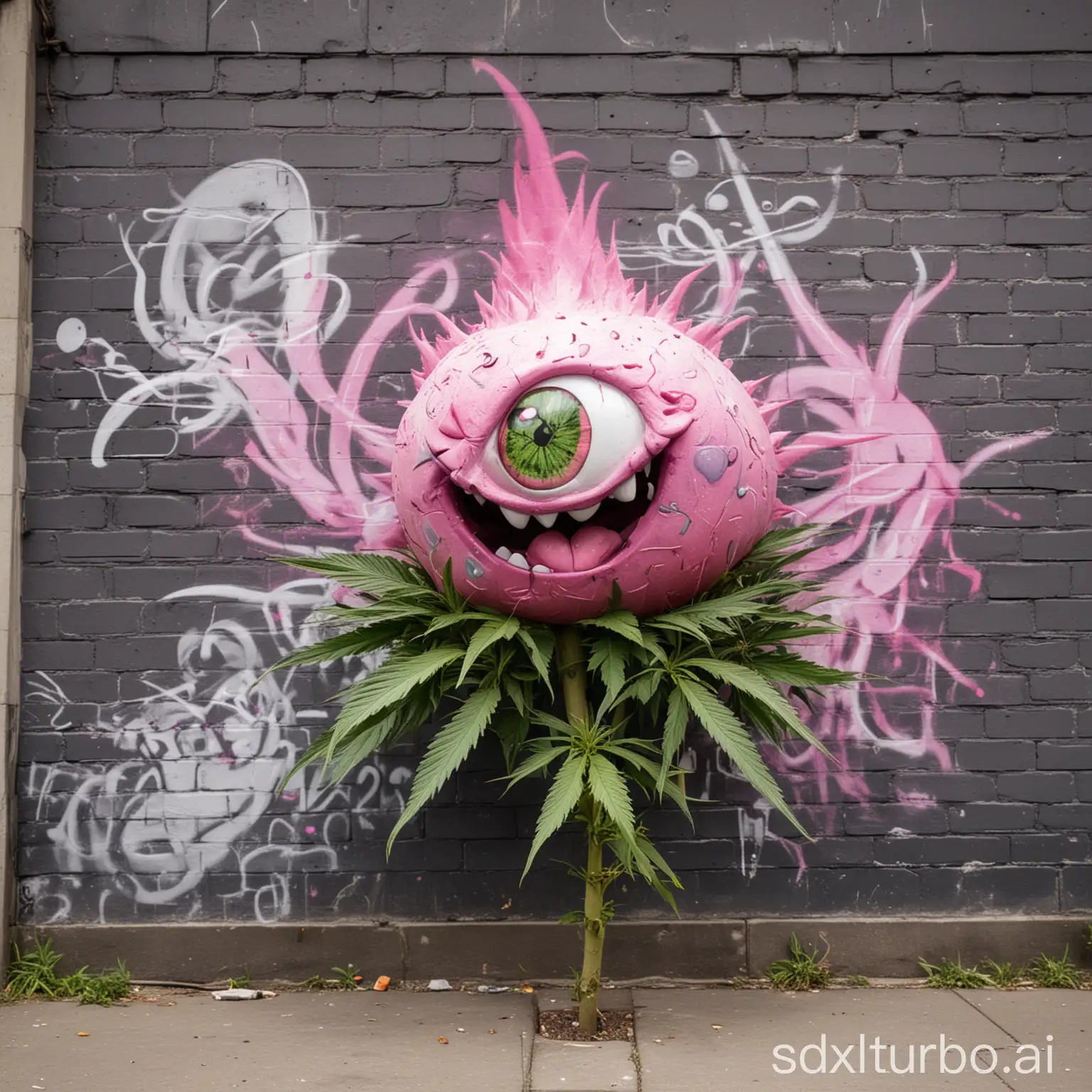 cannabis maskottchen grafitti style,  coole cannabis bud, cannabis knospe, 2 Beine rosa augen, sieht aus wie bisasam das Pokemon, lacht, einen großen Joint im Mund, Knollig, 4 arme