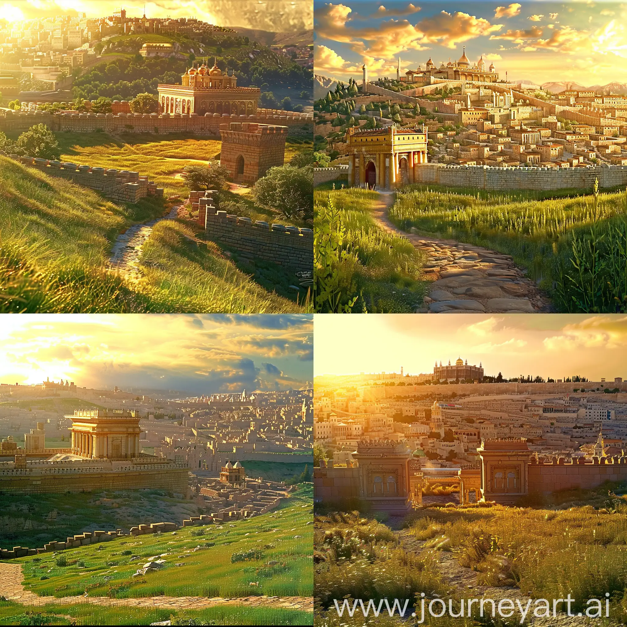 view from the hill to the eastern city at the bottom of the hill is a field with green grass, a path leads to the ancient eastern city. the city is illuminated by sunlight in the distance.  in the style of the muttfilm of Zveropolis