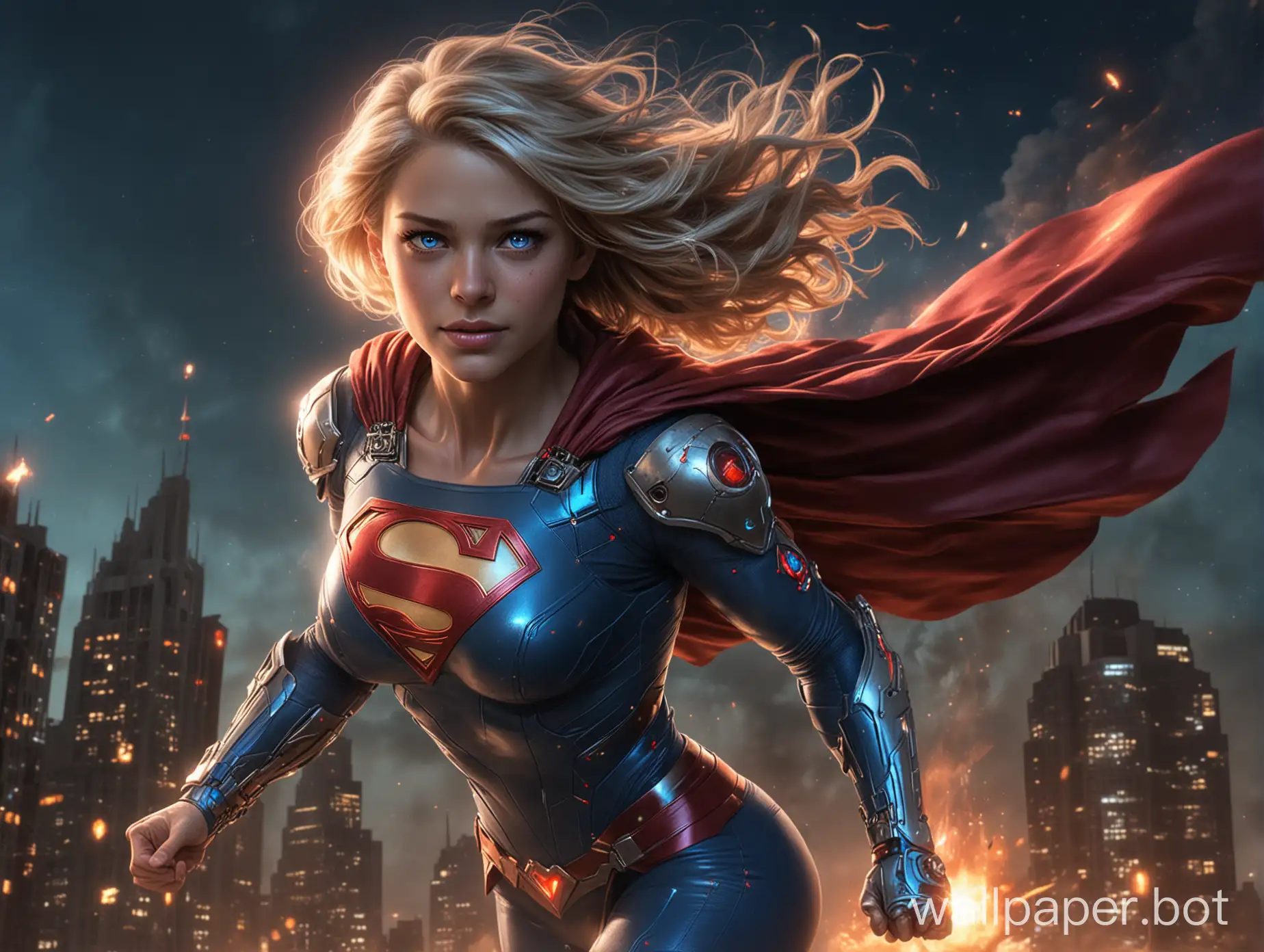 supergirl cyborg flies in the night sky above the city, shining bright blue eyes, big breast, hair on fire, full height