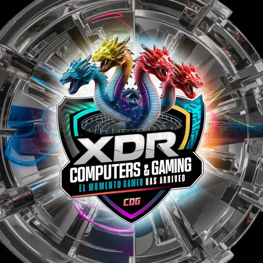 a logo design,with the text "XDR Computers & Gaming  El Momento Gamer Has Arrived", main symbol:esports gaming enframed in rgb hydra dragon 4 heads with scales rgb in a gaming arena all inside of a shield in form of a logo,complex,clear background