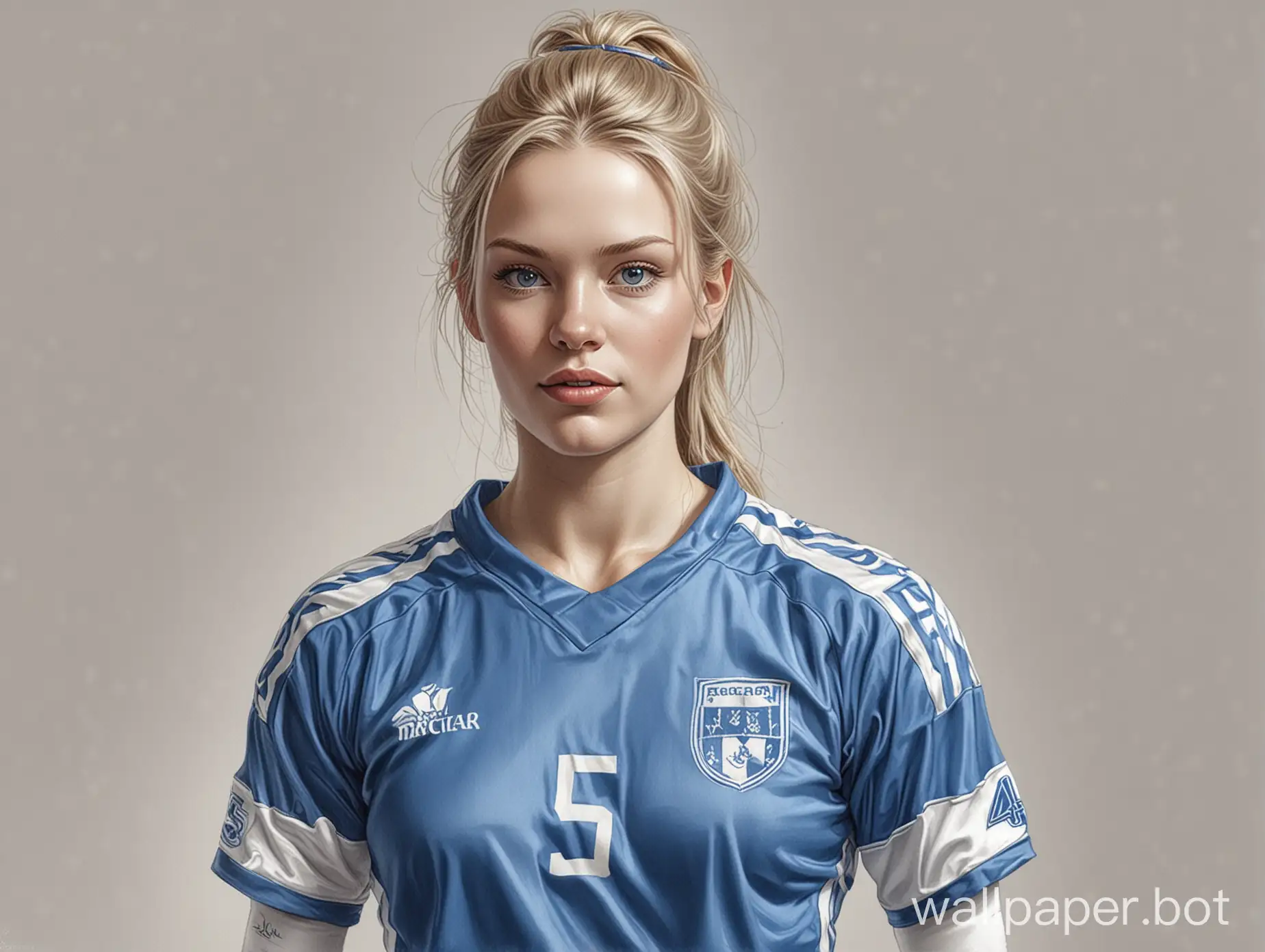 Sketch of Kaisa Vartonen 25 years old chest 4 size in blue and white soccer uniform white background high resolution pencil sketch style Boris Vallejo