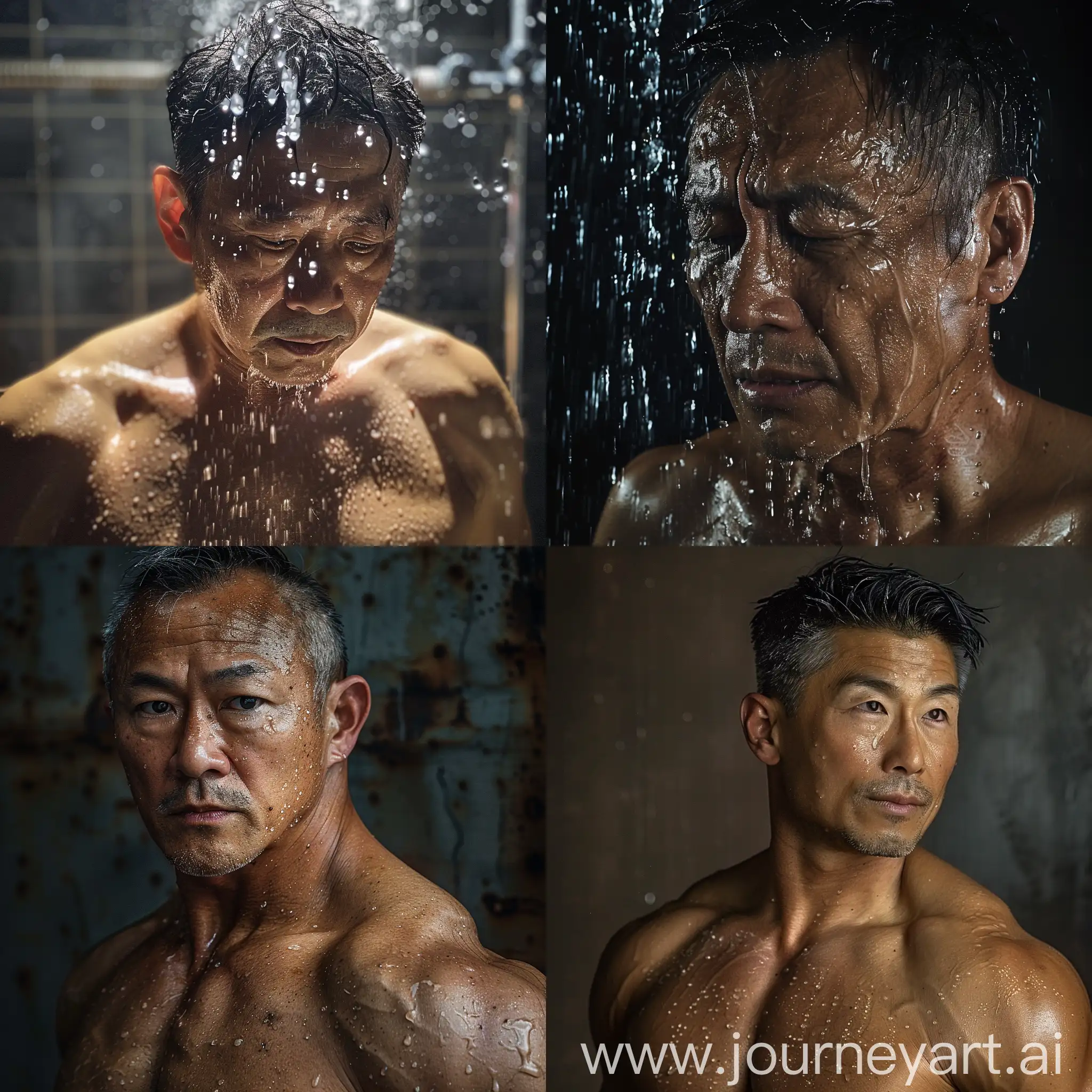 Drenched in sweat beefy mature asian man