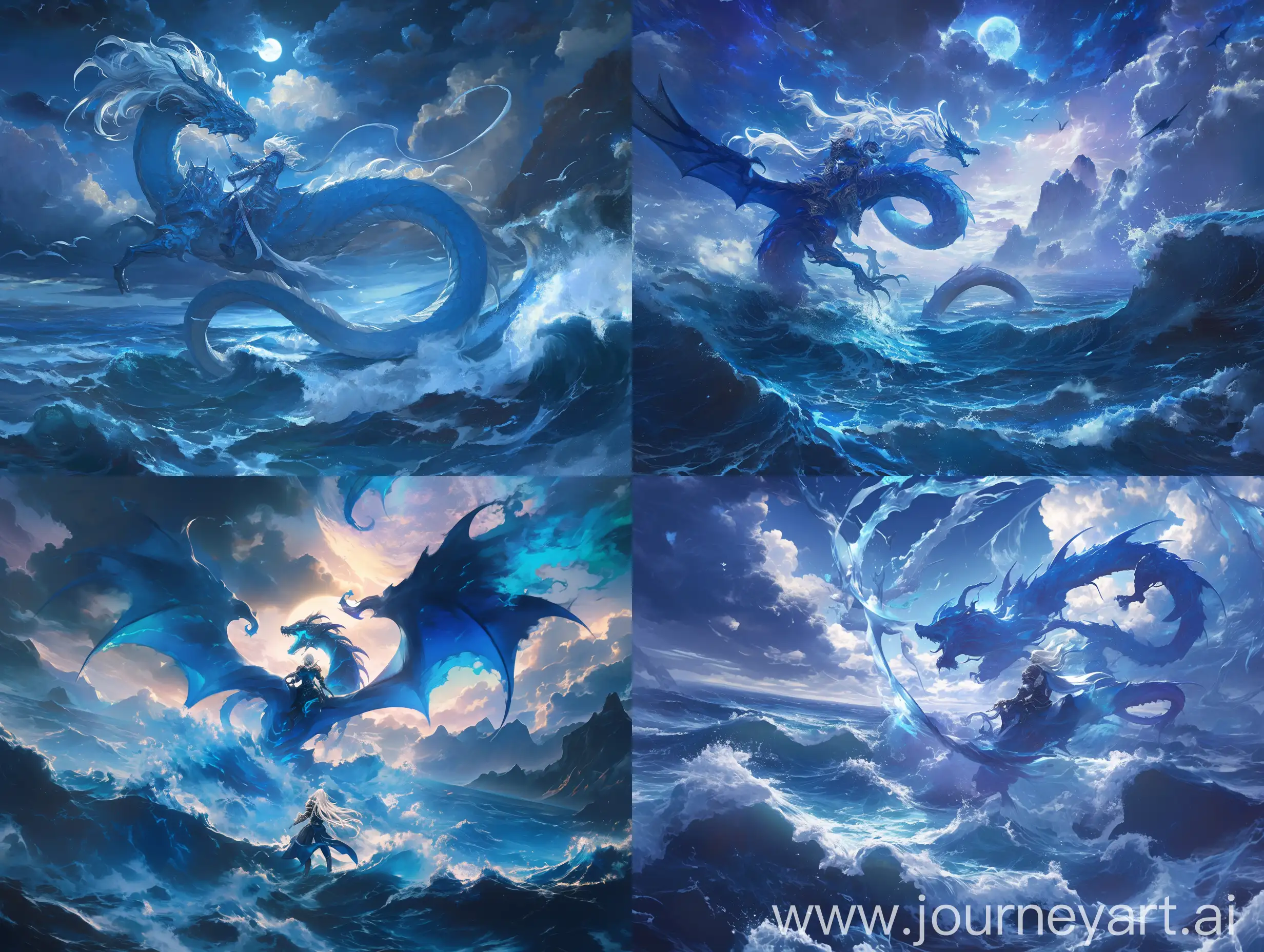 subject: white-haired warrior, blue dragon environment: rough sea, rolling waves, huge water column, Dark Sky medium&Styles: Fantasy Colors, Dynamic, Rich colors, From dark blue to light blue to white lighting&Color: dynamic, Rich colors, From dark blue to light blue to white, A sharp contrast PointOfView&Composition: the white-haired warrior and the blue dragon are in the center of the screen, Surrounded by waves and water jets, Cloudy sky as background. In the whirlpool of the storm, White-haired warrior rides blue dragon, Soar above the waves. Adopt a centrally symmetrical layout, Swirling clouds intertwined with lines of waves, moonlight pouring, Create dreamy tones from cool blue to deep purple, Emphasize the contrast of light and shadow. Detailed textures show armor flash, dragon scales and foam, A fantasy world that embodies the ultimate details and grandeur. --ar 4:3 --niji 6