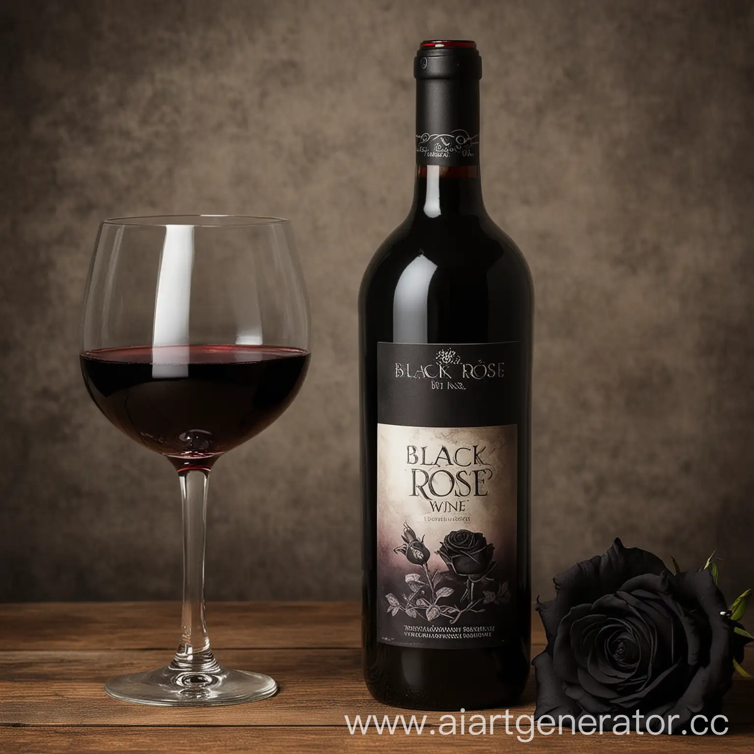 Elegant-Black-Rose-Wine-Bottle-and-Glass-on-Rustic-Wooden-Table