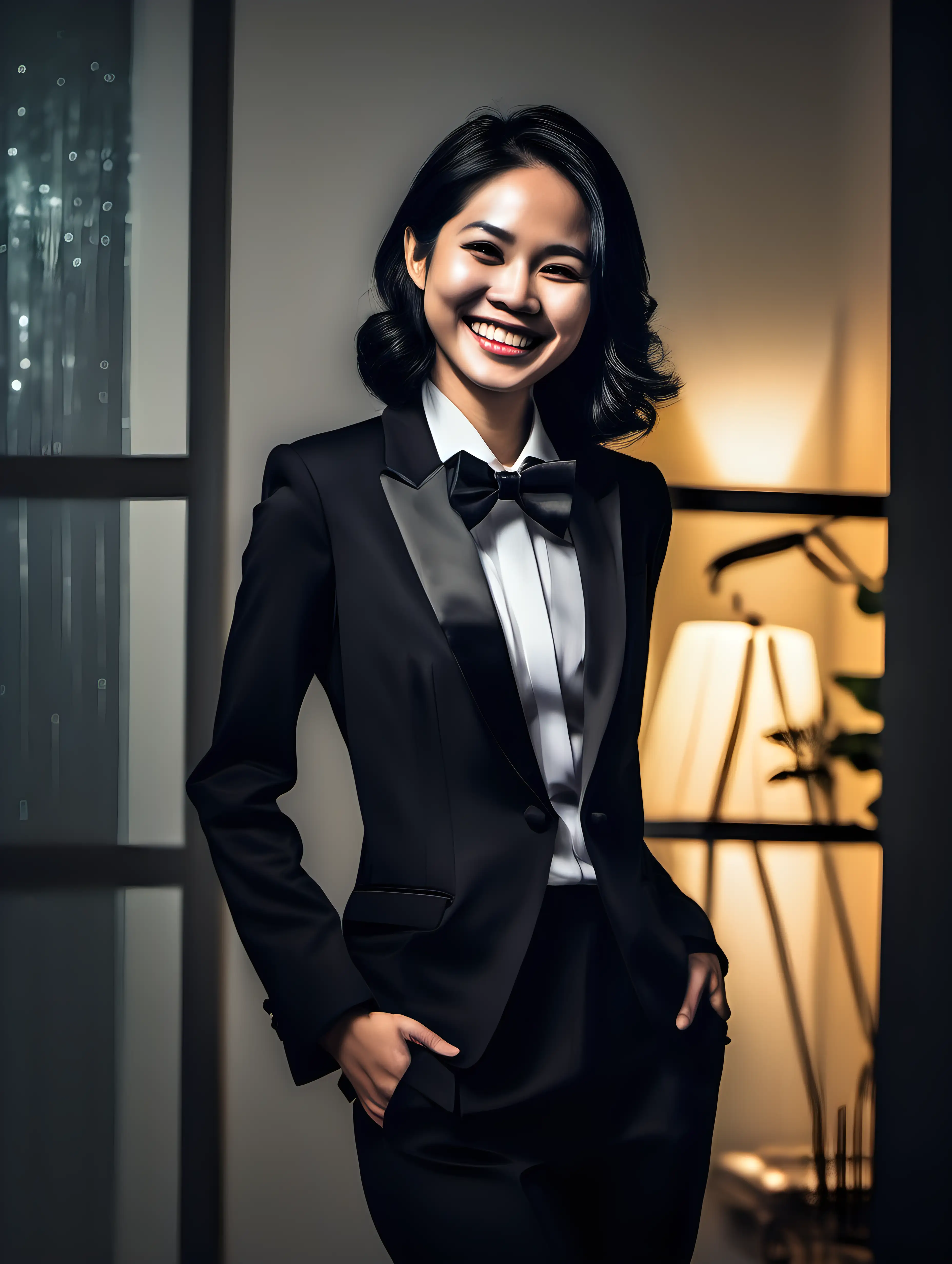 Confident and Smiling and laughing Vietnamese woman with shoulder length black hair wearing a tuxedo with a black bow tie is standing in a room at night.  Her jacket is open.  She has cufflinks.