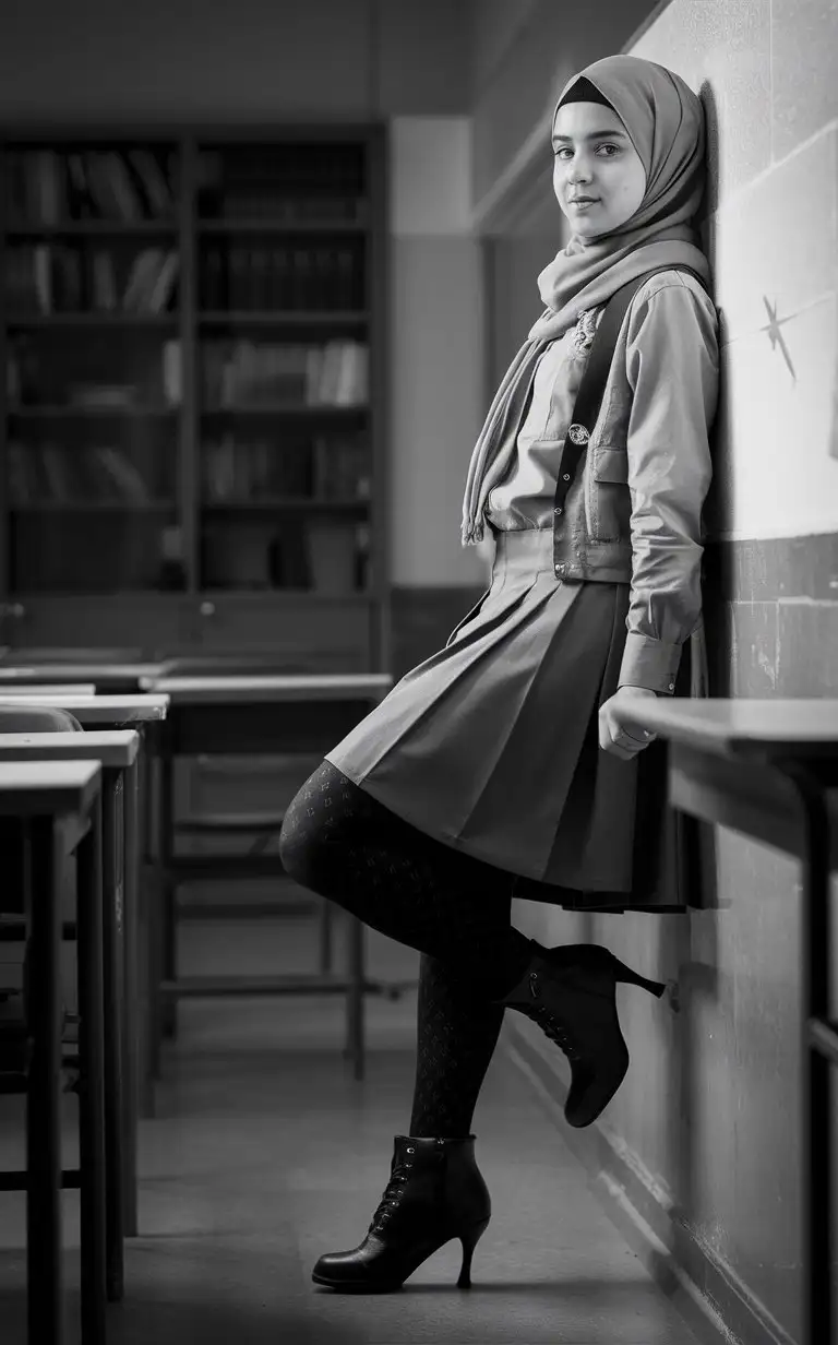 A hijabi turkish beautiful girl, 14 years old, long low-cut school skirt, shirt, short height, heeled boots, black patterned nylon tights,  leaning against the wall, in classroom, curvy body