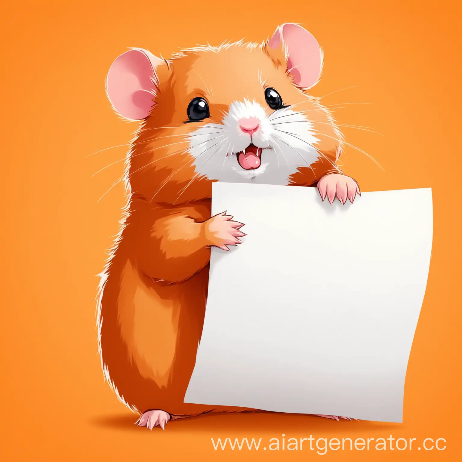 Adorable-Red-Hamster-Holding-Blank-Paper-on-Vibrant-Orange-Background