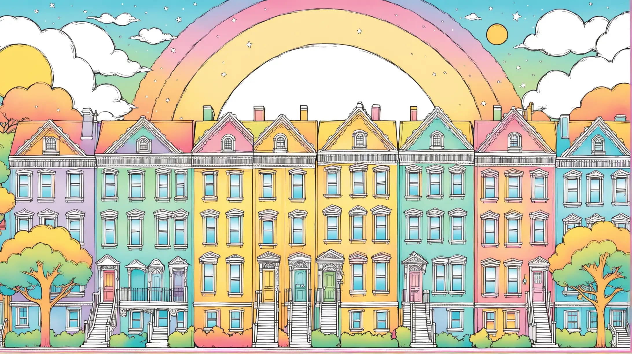 illustrated cover for a coloring book, colored in pastel palletes, new york city style townhouses aligned horizontally, each a different color palette, pretty trees and flowers line the block, Some houses are colored in perfectly while others are half colored in, inviting readers to fill in the blanks with their imagination, Above is a playful sky with a sun and some clouds, image serves as the perfect wrap for a whimsical coloring book for young adults, clean lines for makes sharp details.