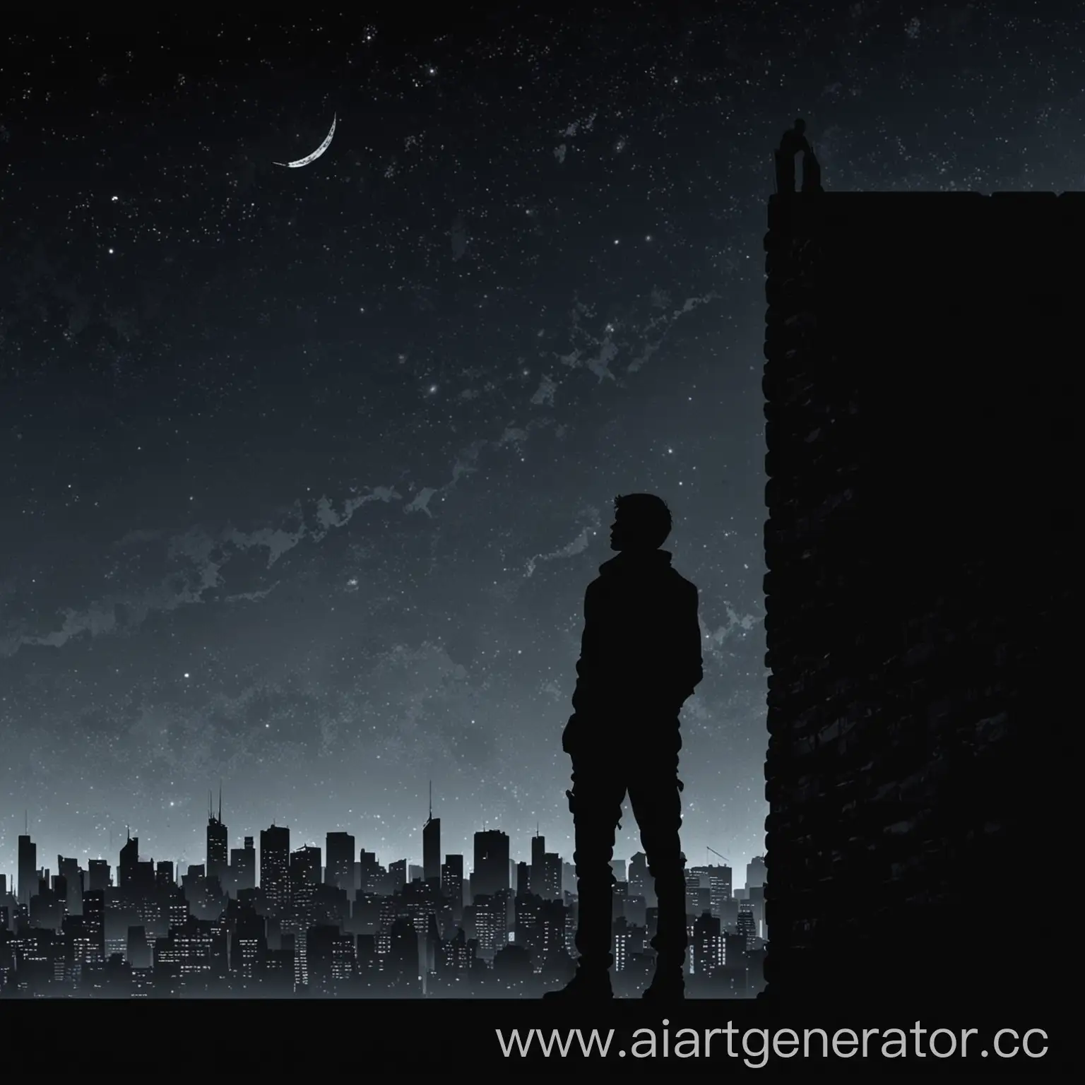черный силует молодого мужчины, смотрящего на небо и опирающегося на силует стены на фоне ночного города в стиле игры Vector
