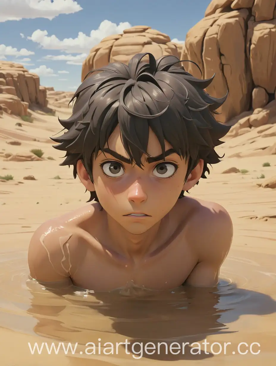 A young man drowns in an oasis in the desert and another looks at him، anime, men