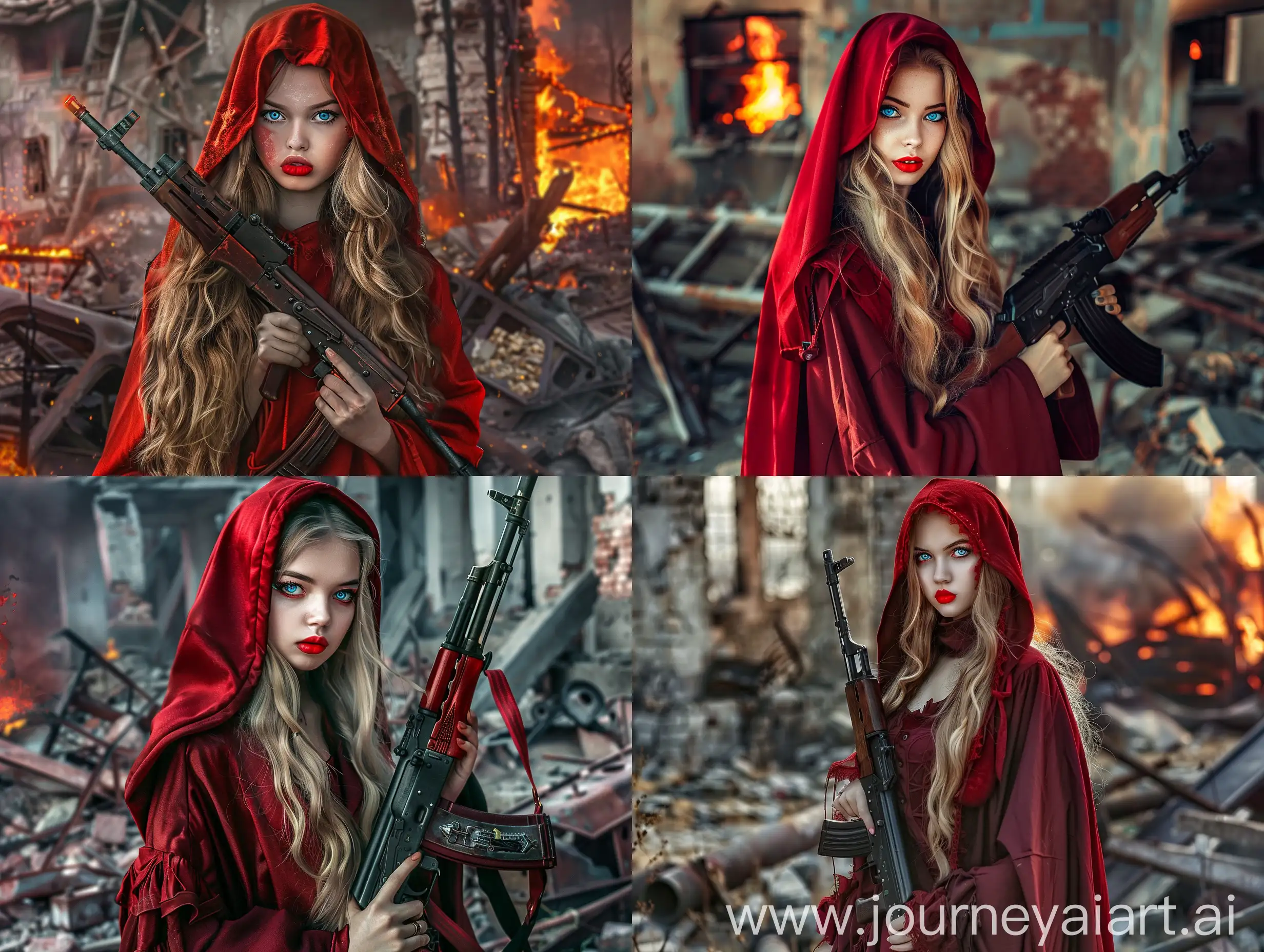 Blonde-Girl-in-Red-Robe-with-Kalashnikov-in-Ruined-Building