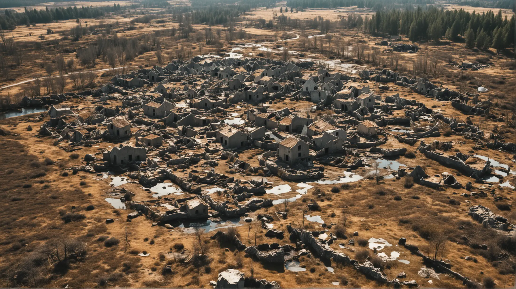 the endless wasteland with ruins of small houses, two small lakes, almoste completely destroyed forest, and stone formations, sunny, bird's eye view