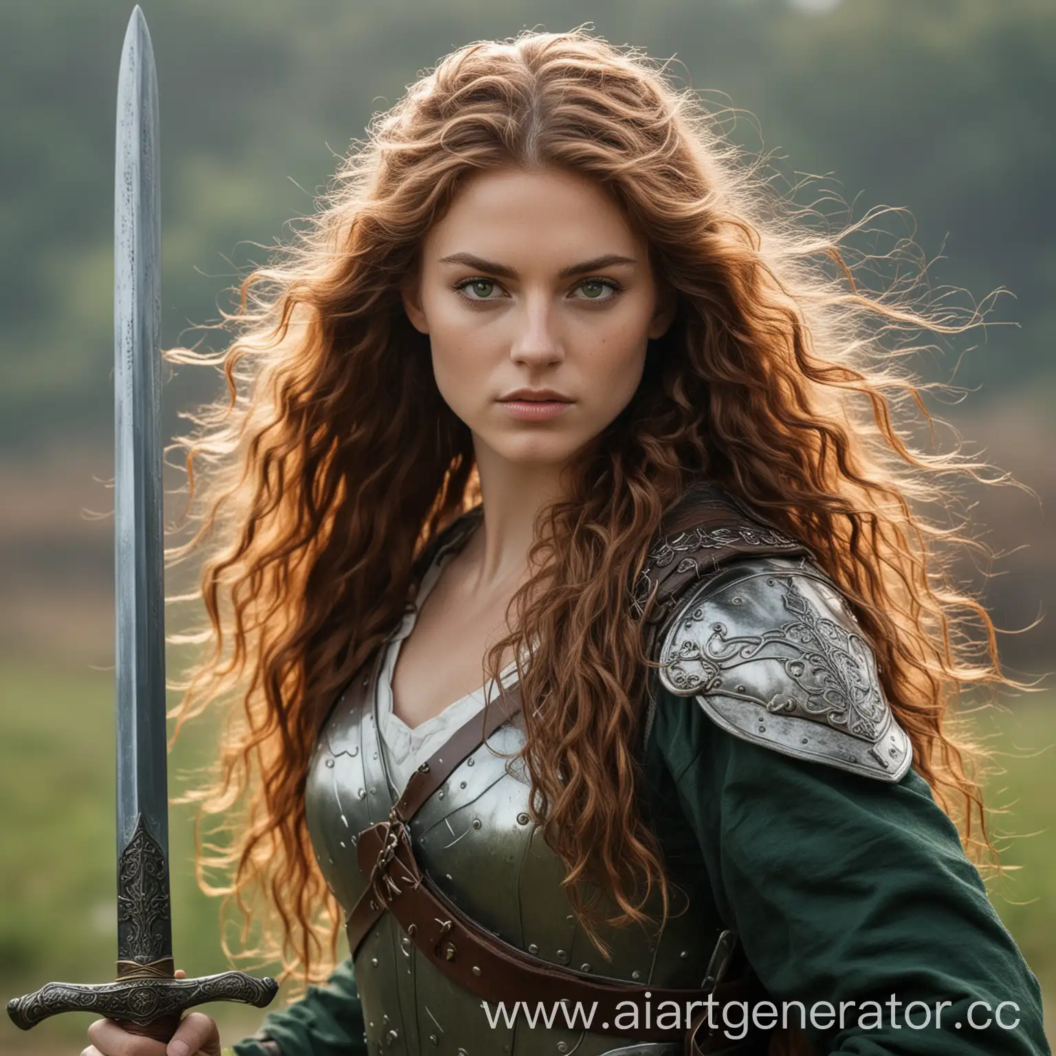 Красивая воительница с длинными каштановыми вьющимися волосами, зелеными глазами. С мечом на поле боя