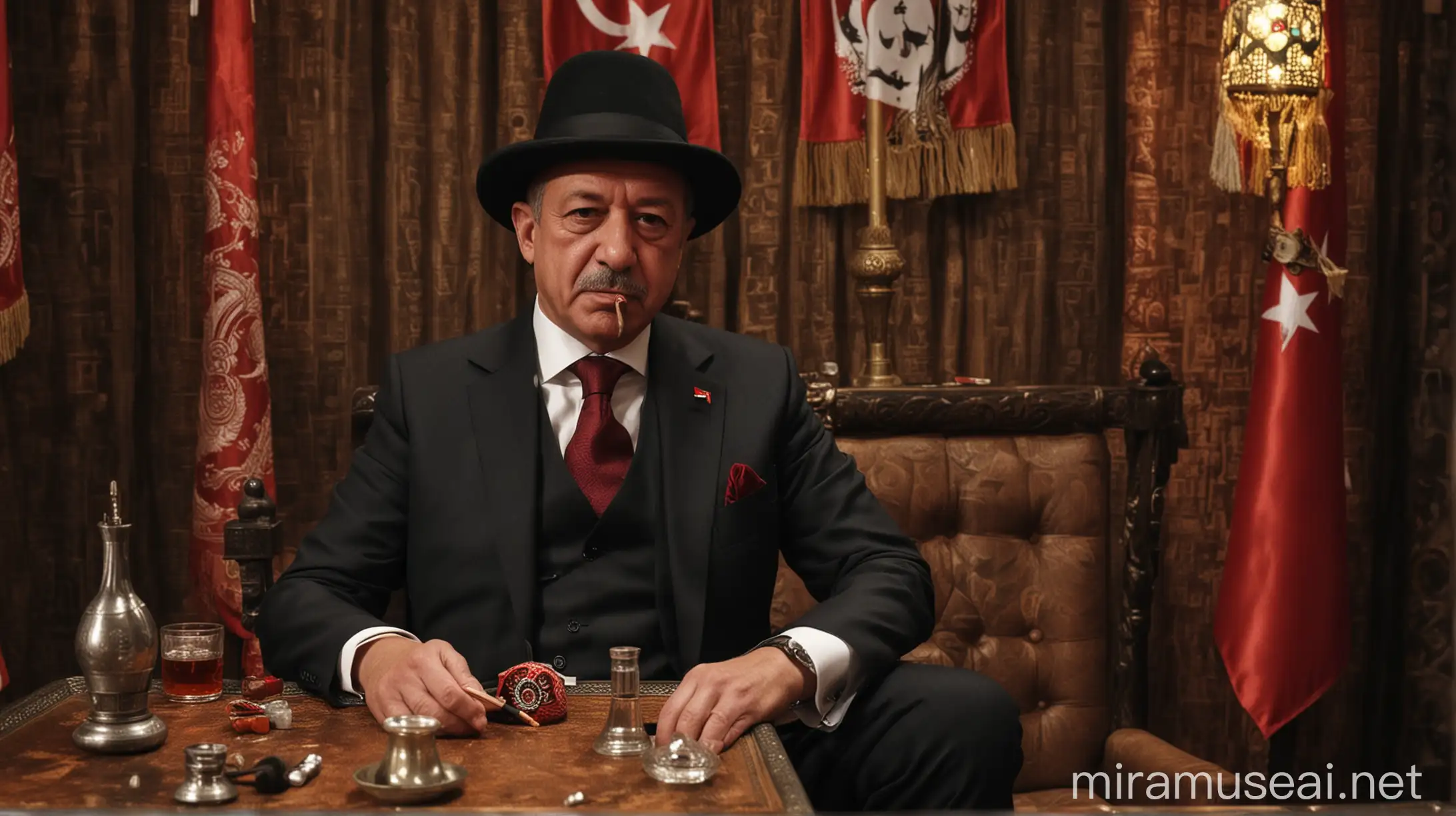 The Turkish president sits in a shisha bar and smokes a cigar. He sits quietly in a suit, and on his head he wears a straw hat with a red band. The Turkish flag is in the background, and on the table there is Turkish tea.