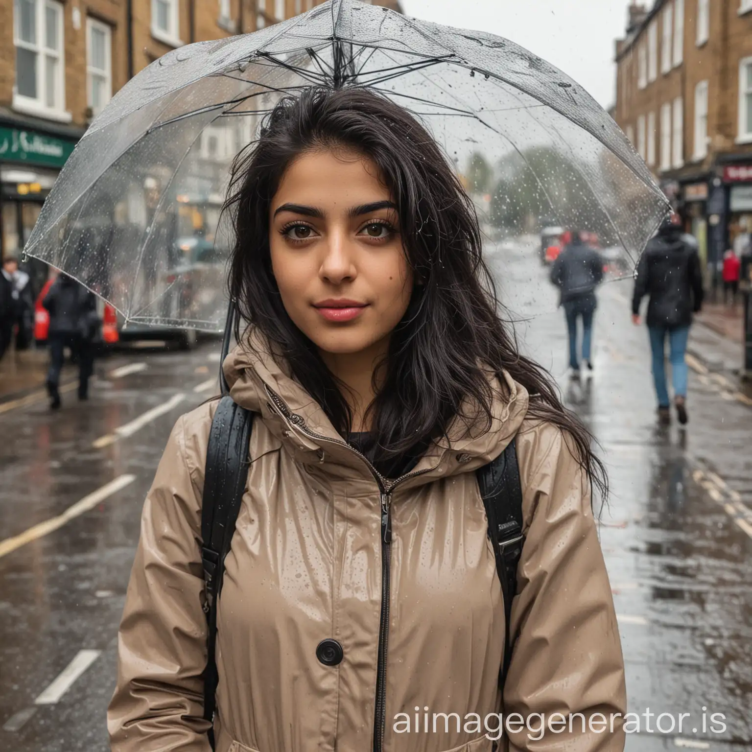 Elaheh is a persian girl. She is in England. She is walking in the street in a rainy day 