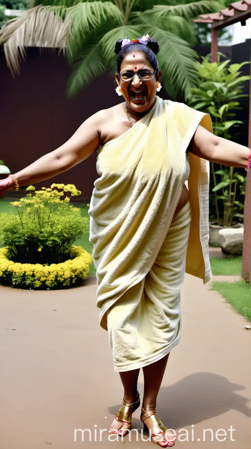 a mature fat indian woman  having age 48 years old with make up and wearing a wet bath towel and wearing high heels ,  thick hair with bun style, anklet on legs, gold necklace in neck, and a power spectacles on ears, she is doing  katak dance  , in a  flower garden court yard , she is happy and laughing