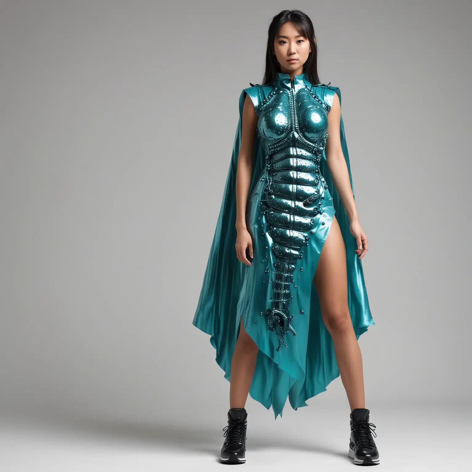 Strong muscular beautiful Japanese woman in sleeveless teal double thigh slit dress made of large metallic plastic seahorse pieces, teal cape, black sneakers, white background