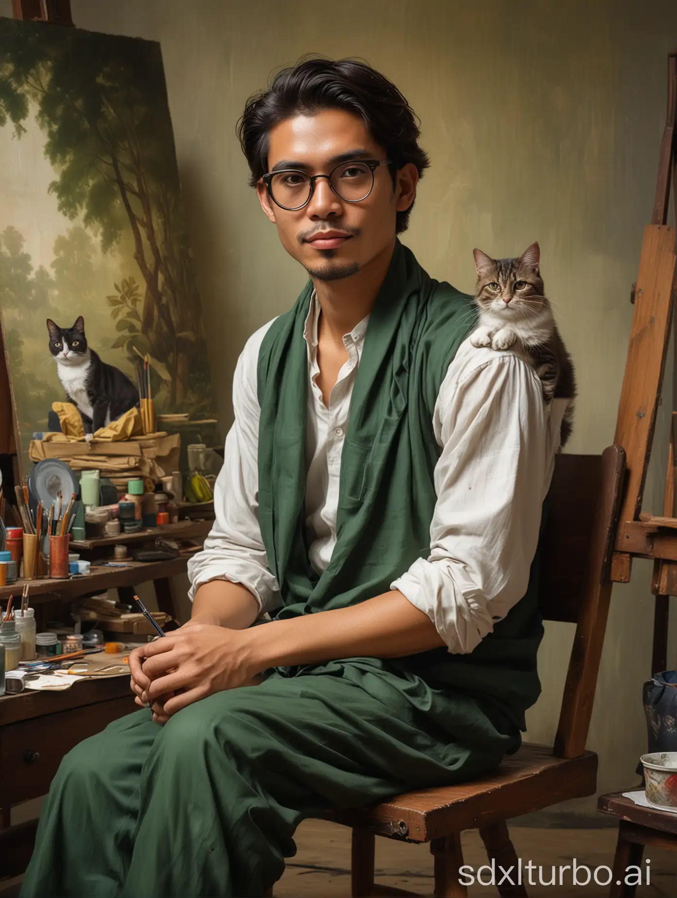 A full-body shot of a naturalist painter, of Java-thailand descent guy with shoulder-length dark brown hair, wearing round eyeglasses, in a traditional painter costume, sitting on a chair, with a background of a classic painting studio full of art supplies. A cat pet wearing a green scarf is sitting next to him. in the style of oil painting.