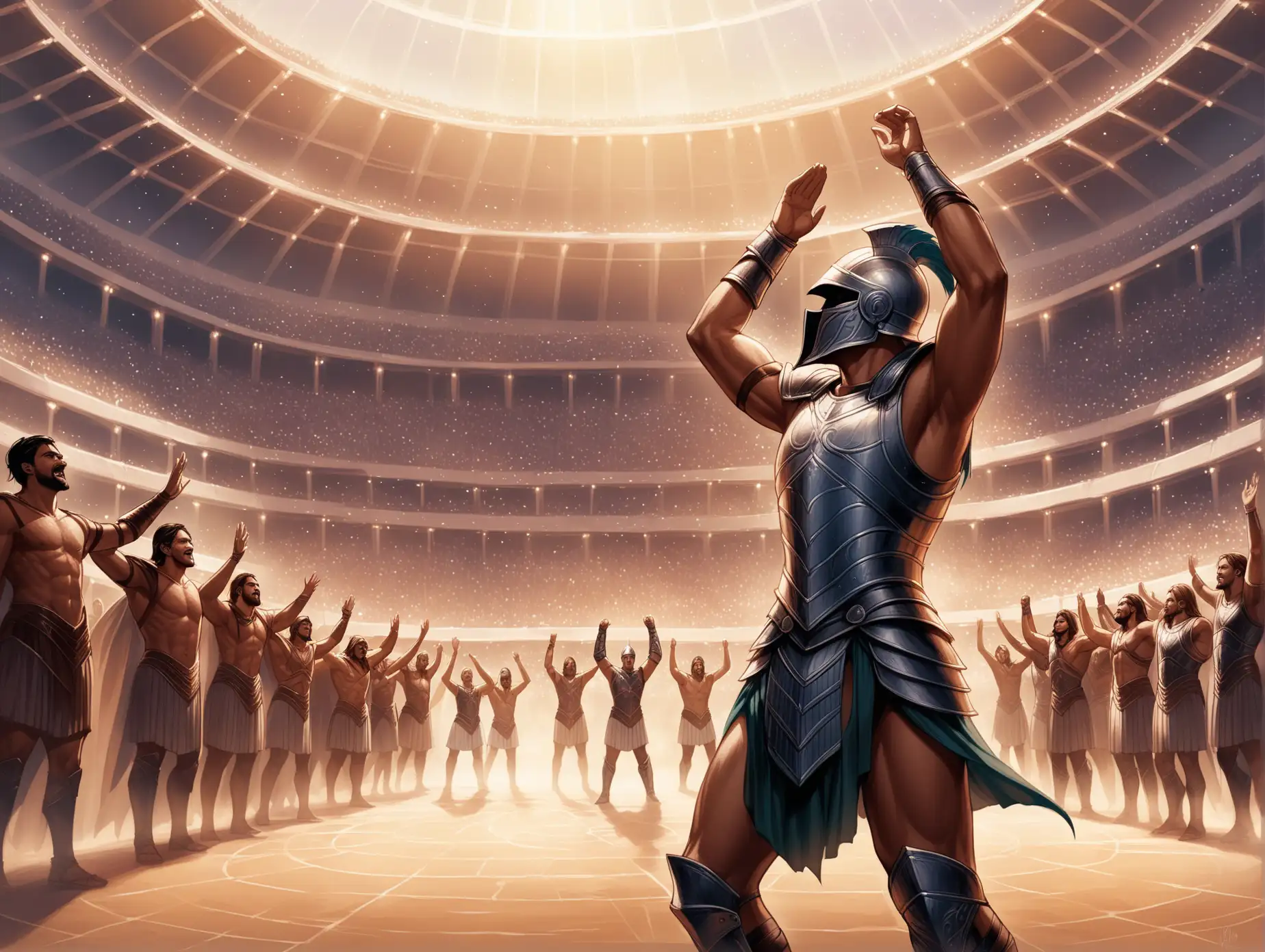 Arena, a male gladiator in a helmet has defeated all demons in the arena, stands as a winner raising his hands up, Fantasy style, Charlie Bowater, pastel