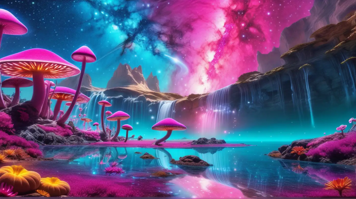Magical Turquoise Lake with Glowing Pumpkins and Mushrooms