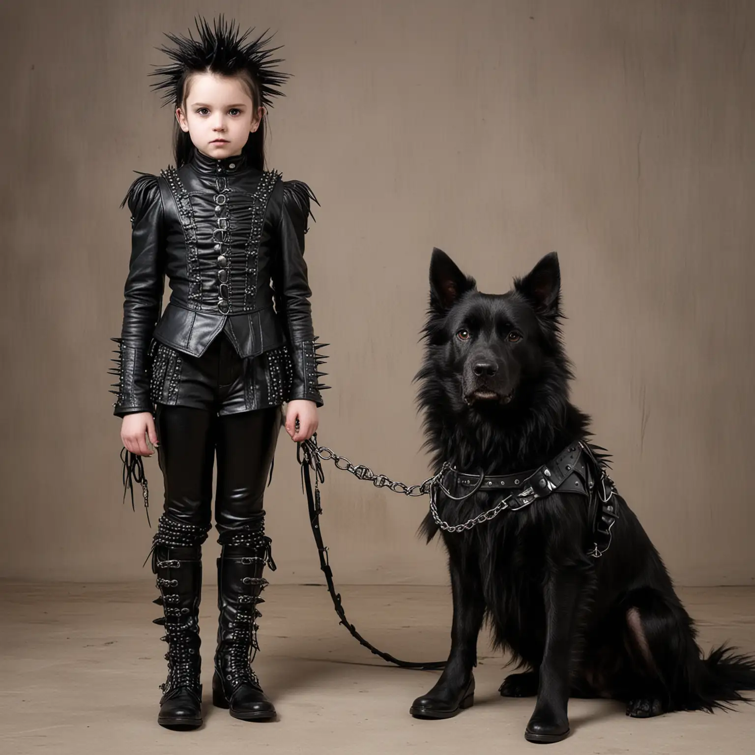 Goth-Princess-with-Leashed-Large-Dog-in-Spiky-Leather-Attire