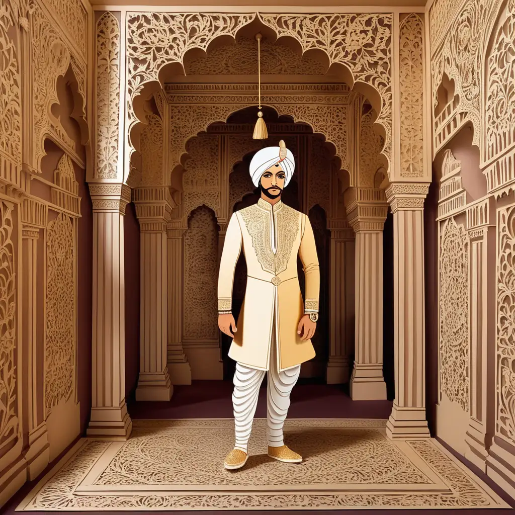 Royal Indian Prince in Turban Amidst Opulent Castle Interior