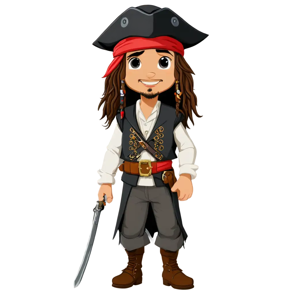 Jack Sparrow from Pirates of the caribbean chibi version, standing and smiling, vector design, high quality