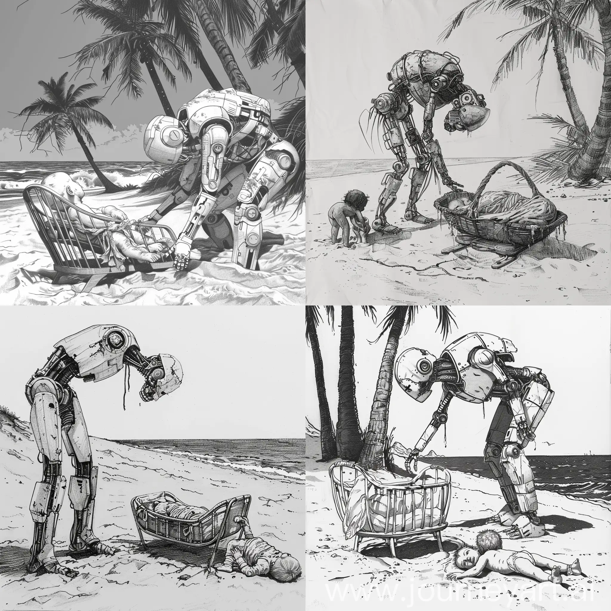 Drawing, black/white, a Mexican beach, a cradle with a child is lying on the sand, a robot nanny is bending over the child, the robot nanny is damaged