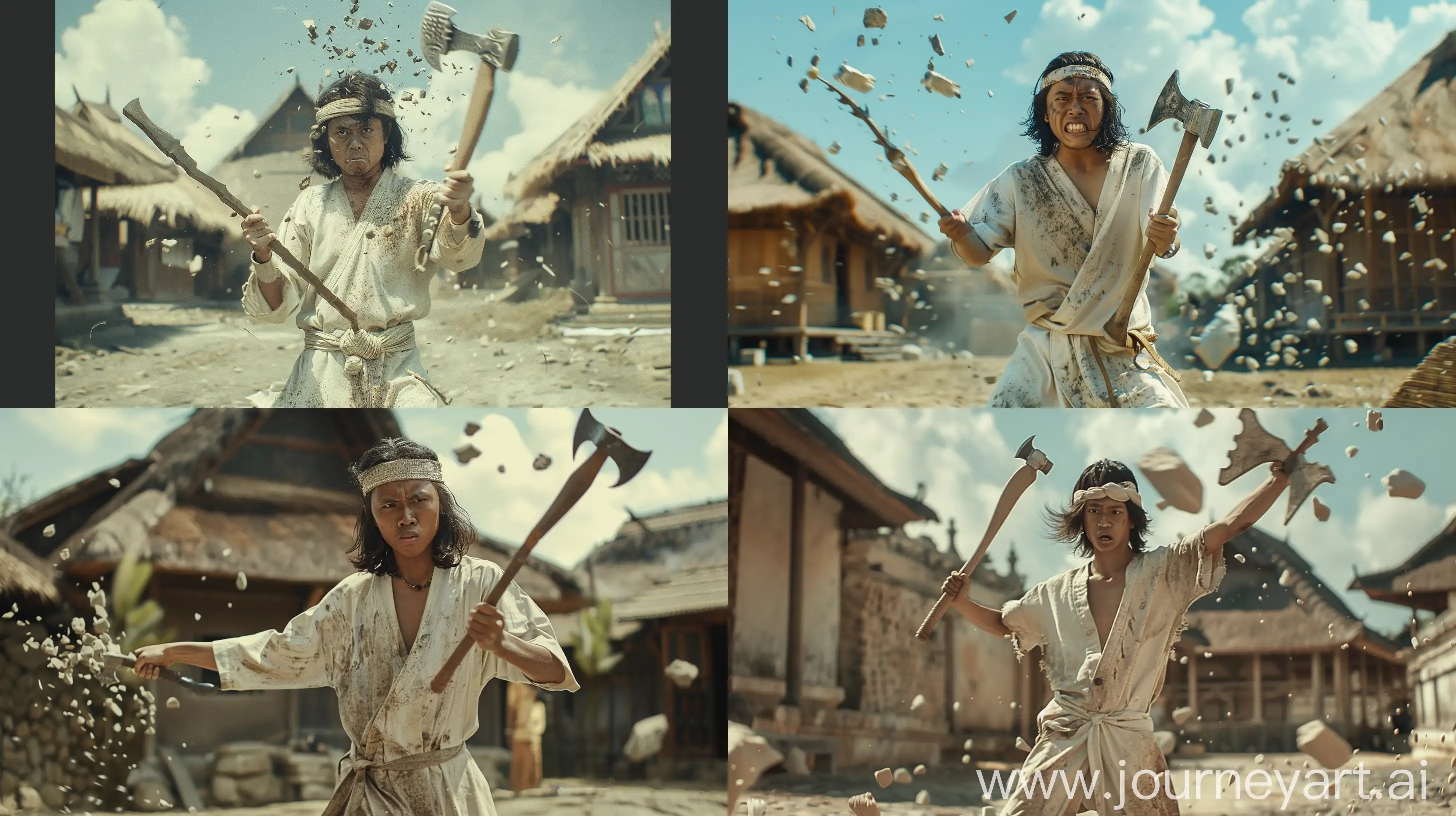 a cinematic film, inspired by the Majapahit style, a 27 year old Indonesian man, humorous face, humor standing in the middle of a village setting. She wore a v-shaped dirty white outfit, revealing her brown skin and shoulder-length black hair tied with a dirty white headband. With comedic flair, he threw a short, double-bladed ax with a flute-like handle and a dragon-shaped tip, sending stone shards flying as he threw the double-bladed sword into the air. Created Using: Majapahit style, humor, HDR effect --ar 16:9 --v 6.0
