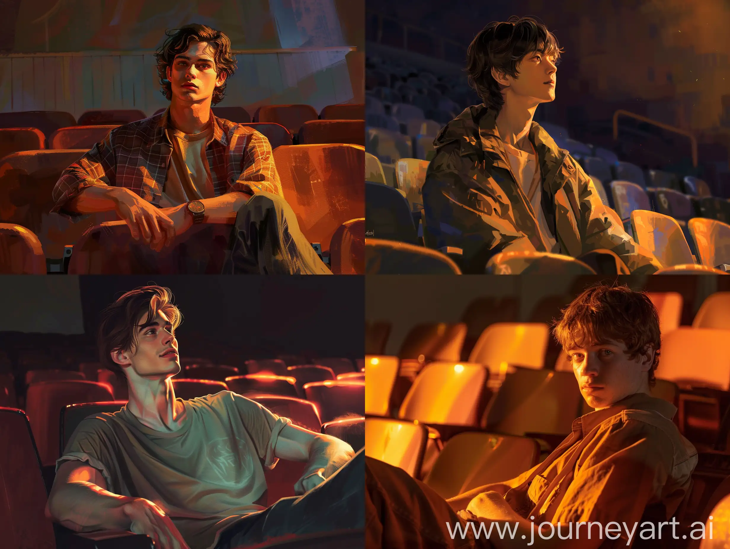 the guy is sitting relaxed in the stands, he has a beautiful appearance, brown hair, he is illuminated by a warm light. The guy should be in the frame in full height, in a sitting position, he should look at the viewer opposite, but NOT TURN to HIM