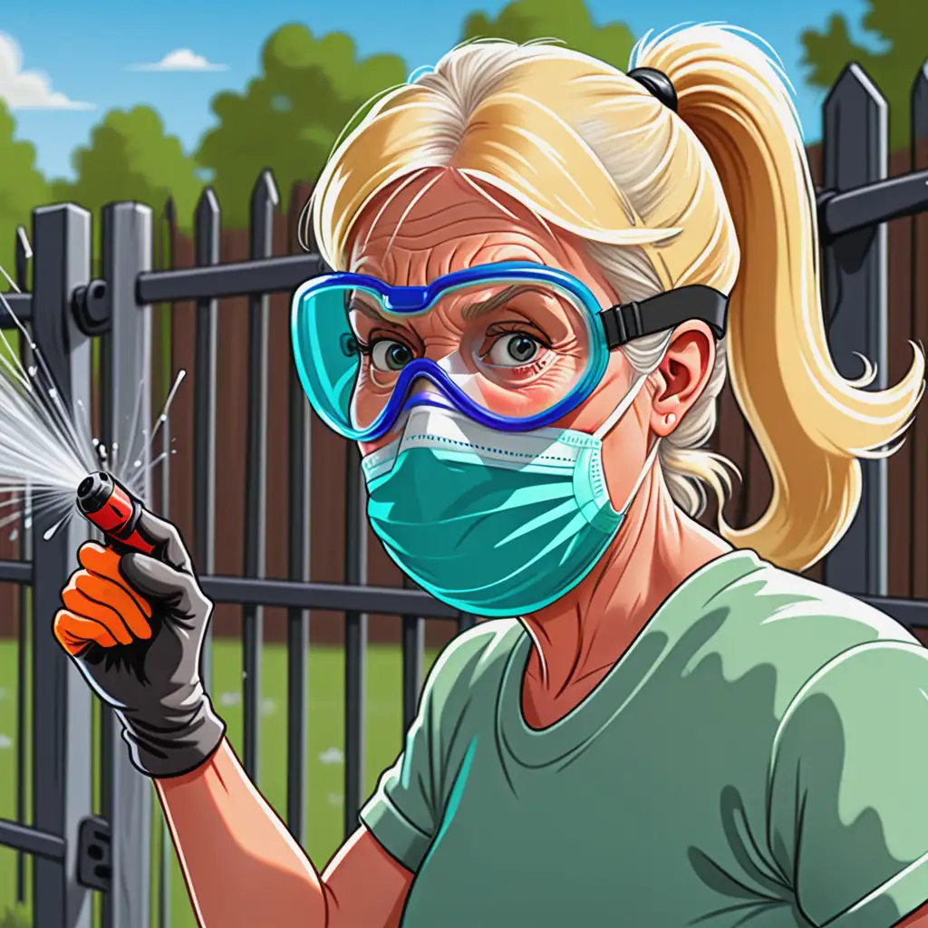 Energetic Senior Woman Spraying Fence with Safety Gear