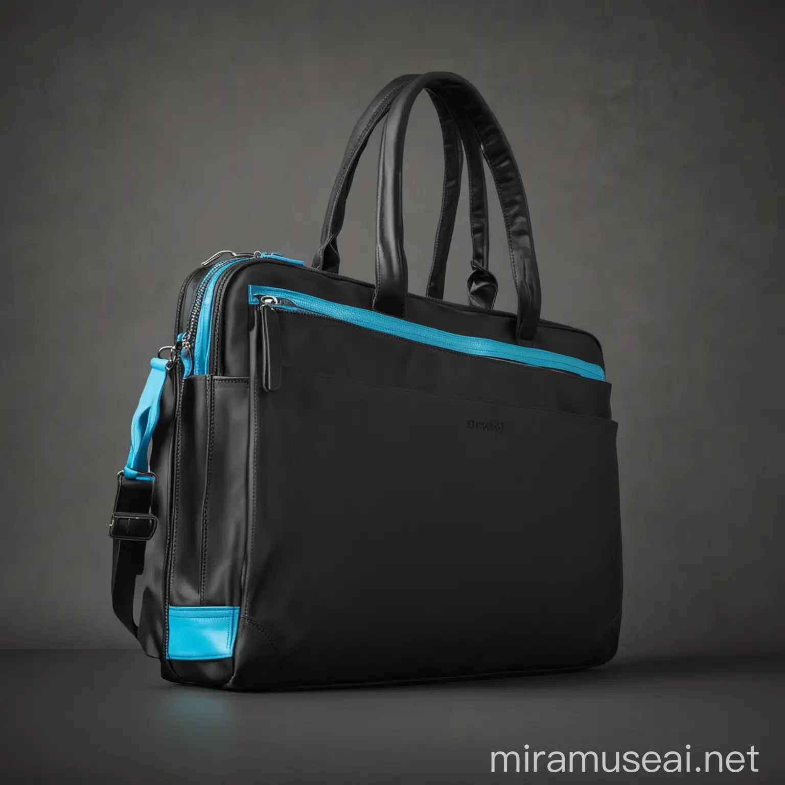 Create a sleek black laptop bag with the color cerulean accent colors. Place the bag in a quiet office setting 


