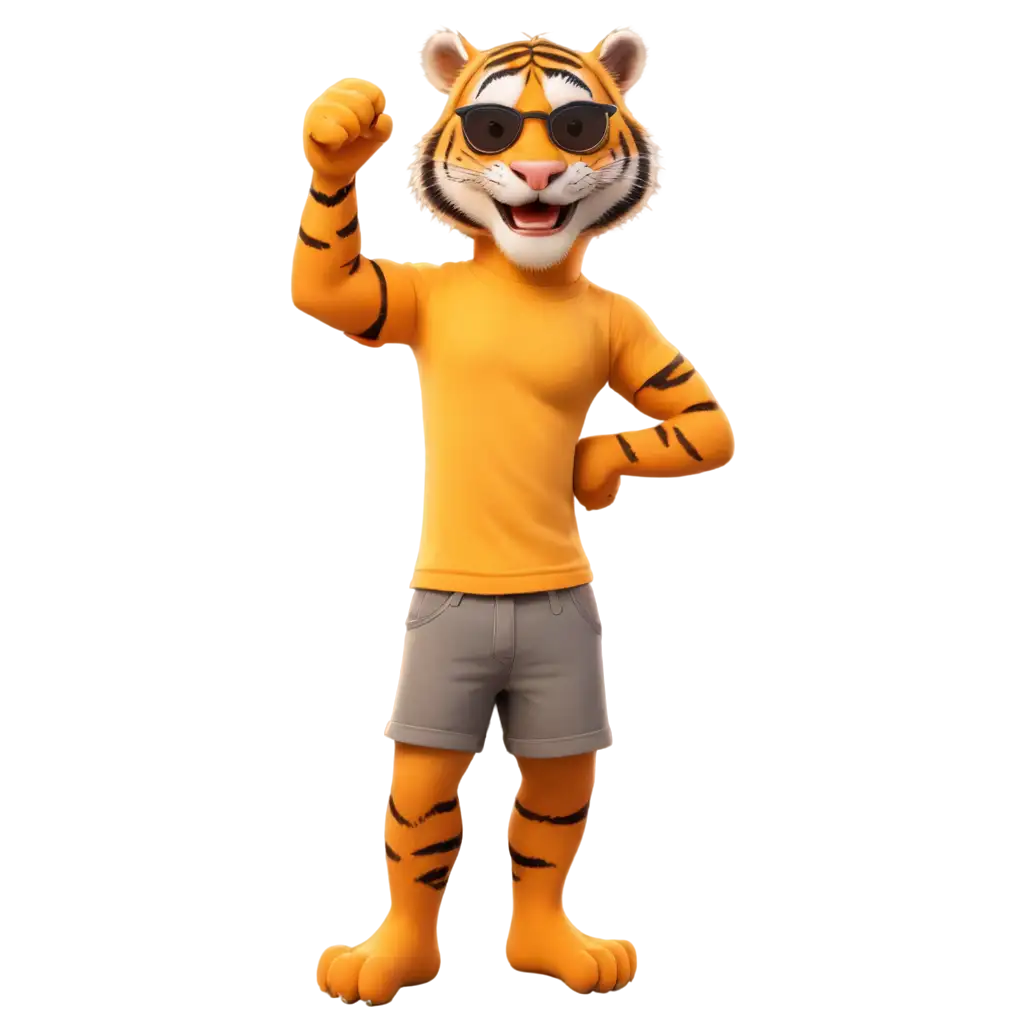 A standing tiger shows off its hand muscles, powerfully smiling while wearing a yellow t-shirt and sunglasses in modern look pixar cartoon