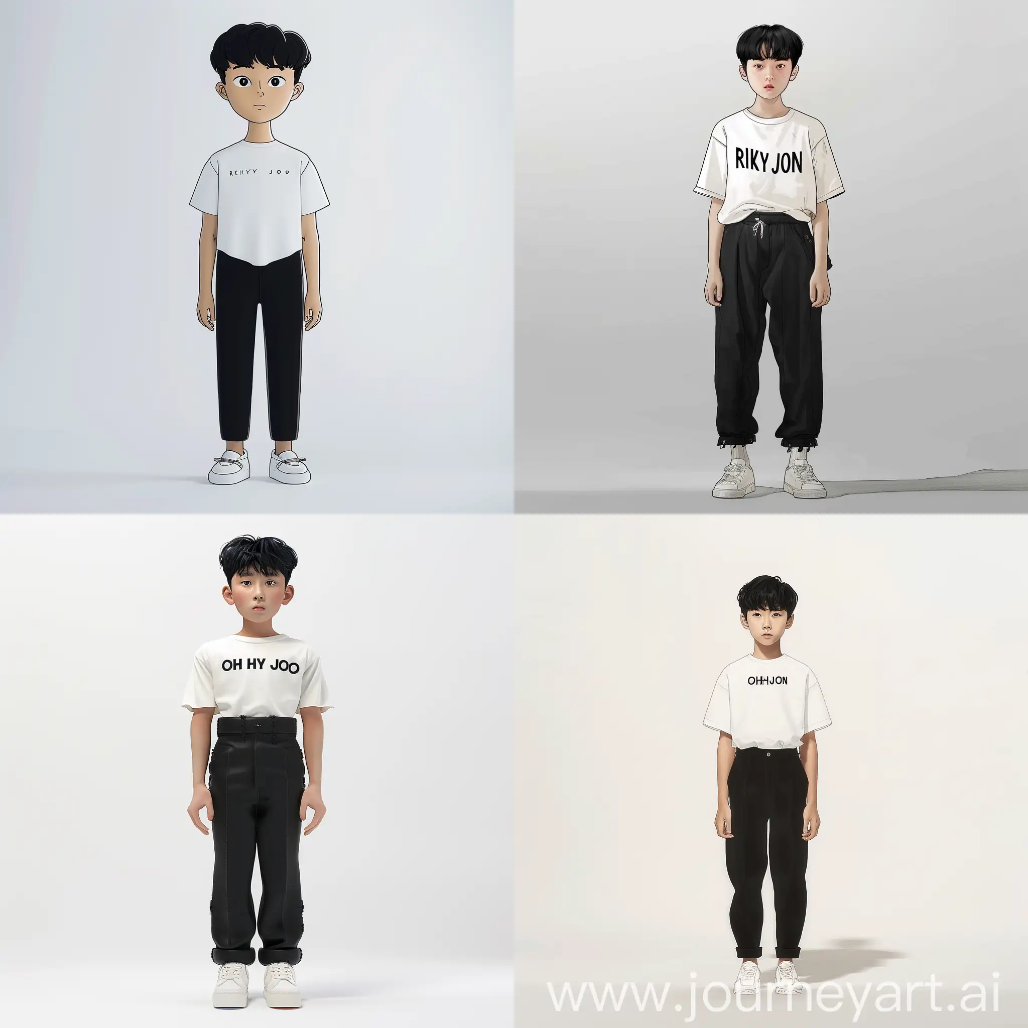 This is a Korean 14-year-old Oh Hyun-joon children's character creation. Background is white, height is 161cm, boy, hair is black, top is white T-shirt, Rick Owens,pants are black, shoes are white sneakers. Please draw a picture with the above content in a full-shot live-action format
